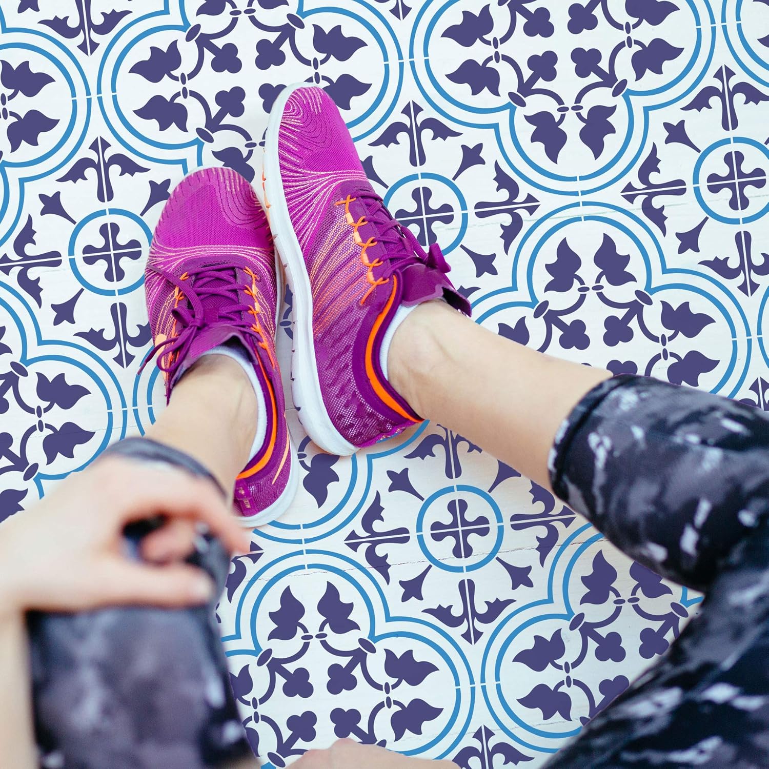 NAKLEO Tile Painting Stencil 23,6”x23,6”, Gozo Spanish Moorish Flower Moroccan, Plastic Reusable Large Template, Home Decor Craft DIY, Floor Concrete Patio Wall - Terracotta