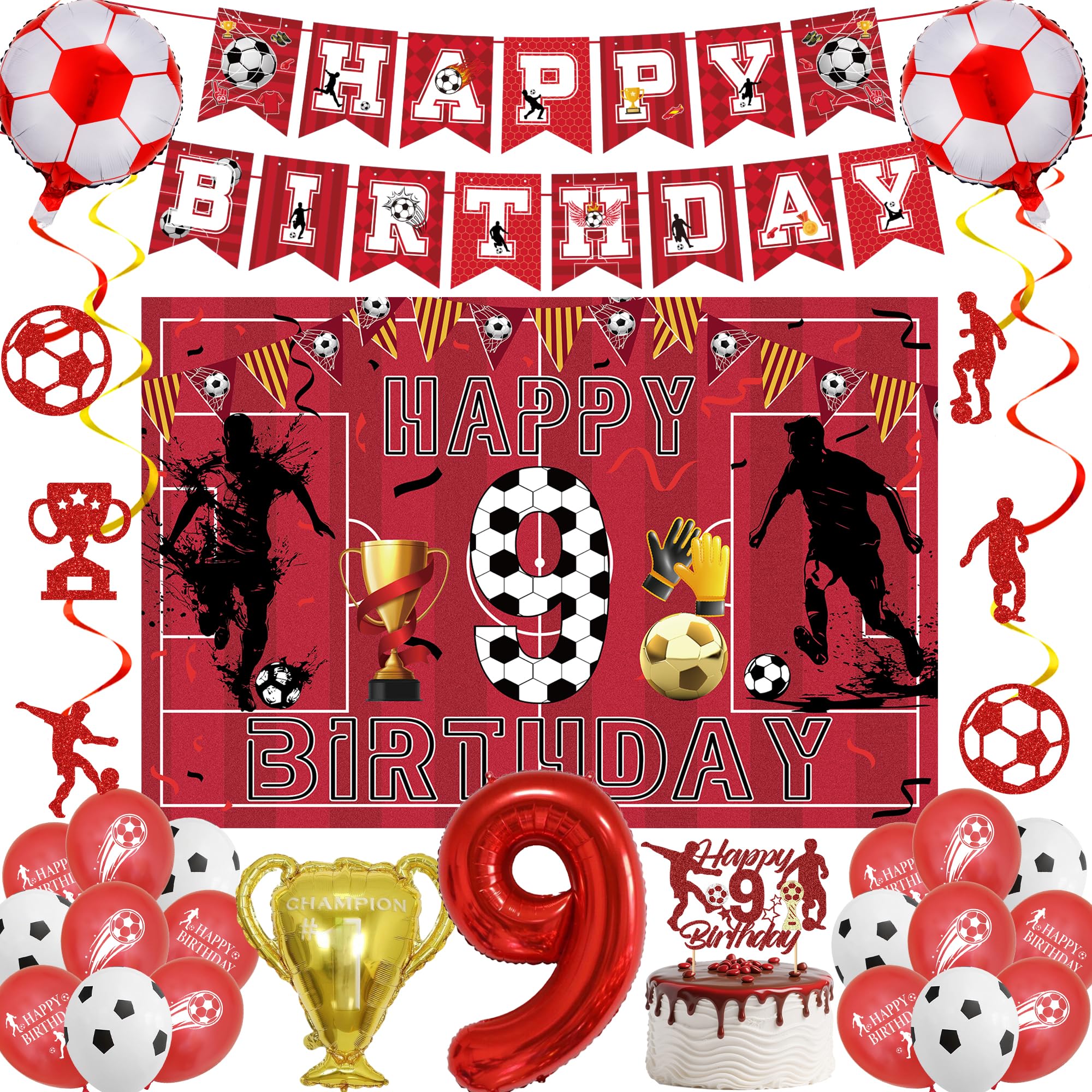 LPPIIUSSU Football 9th Birthday Party Decorations - 32 Pcs Red Soccer Party Happy Birthday Banner Hanging Swirls Backdrop Latex Foil Balloons For Fans Sports Theme 9 Years Old Party Supplies