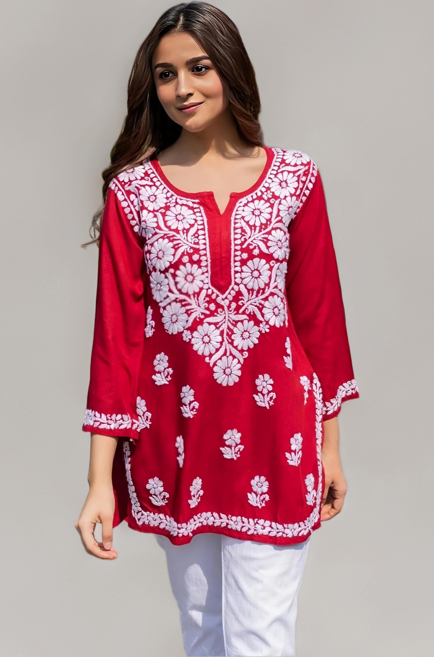 Women Rayon Regular Stylish Kurti with 3/4 Sleeves & Beautiful Neck Embroidery Ideal for Casual Office Wear & Everyday Comfort (Kurti Angell)