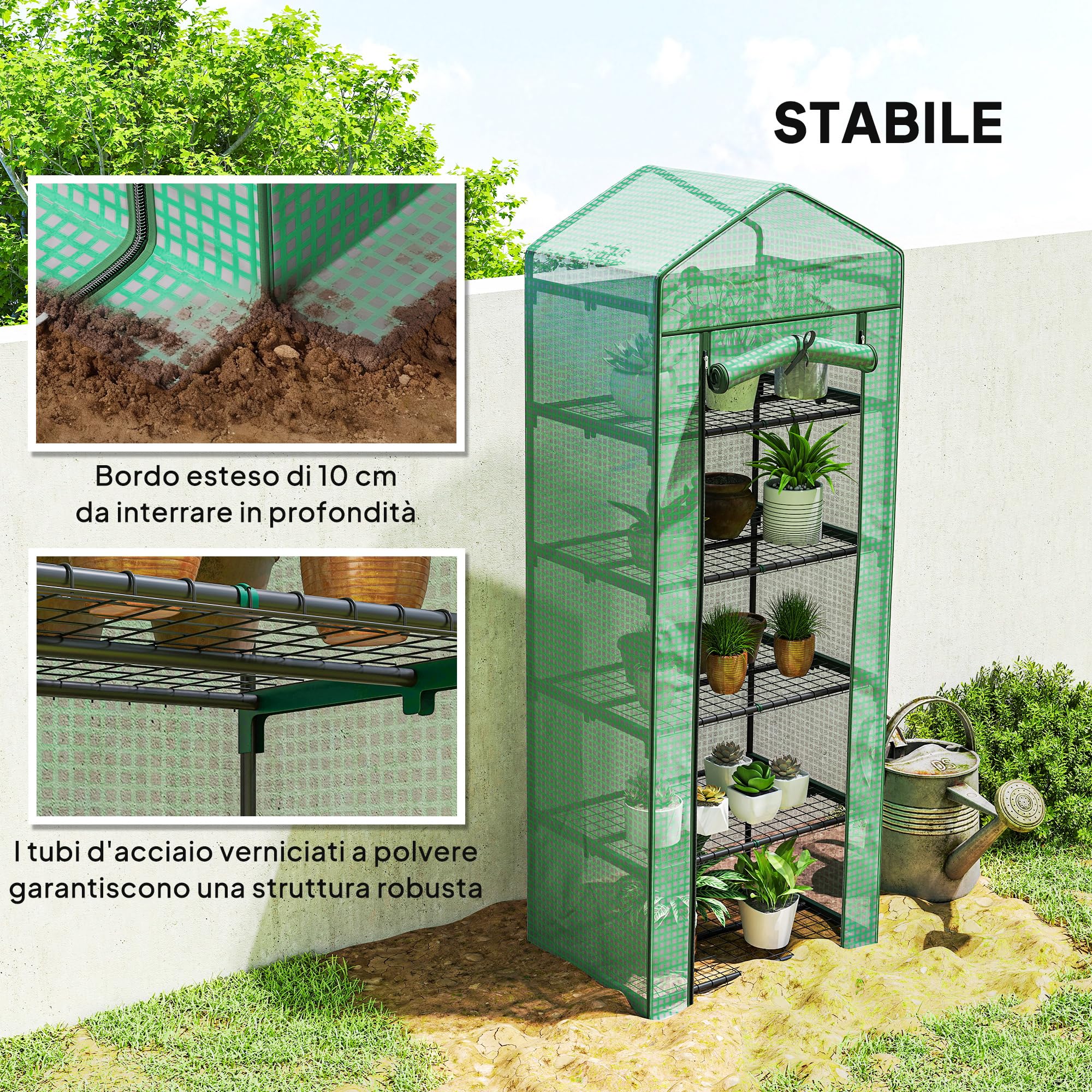 Outsunny Serra da Balcone a 5 Livelli con Porta Avvolgibile, Serra per Orto con Struttura in Acciaio e Copertura PE, per Piante Orto Verdure Fiori Frutta, 69x49x193 cm, Verde