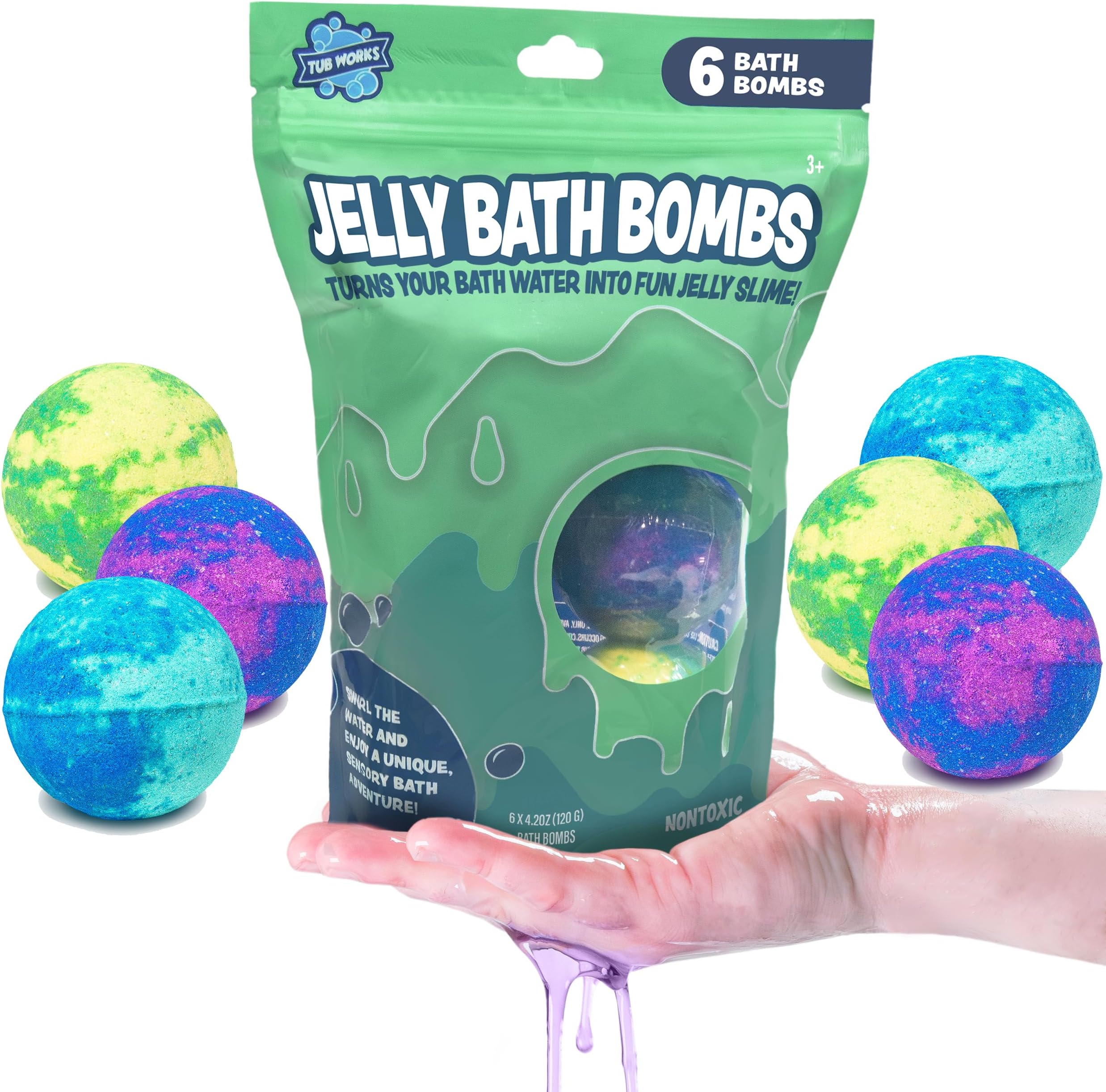 Tub Works® Jelly Bath Slime Bombs, 6 Pack | Bath Bombs for Kids That Turn Bath Water Into Colorful Jelly Slime | Nontoxic | Unique Kids Bath Bombs with Surprise Slime Texture | Sensory Fun Bath Toys