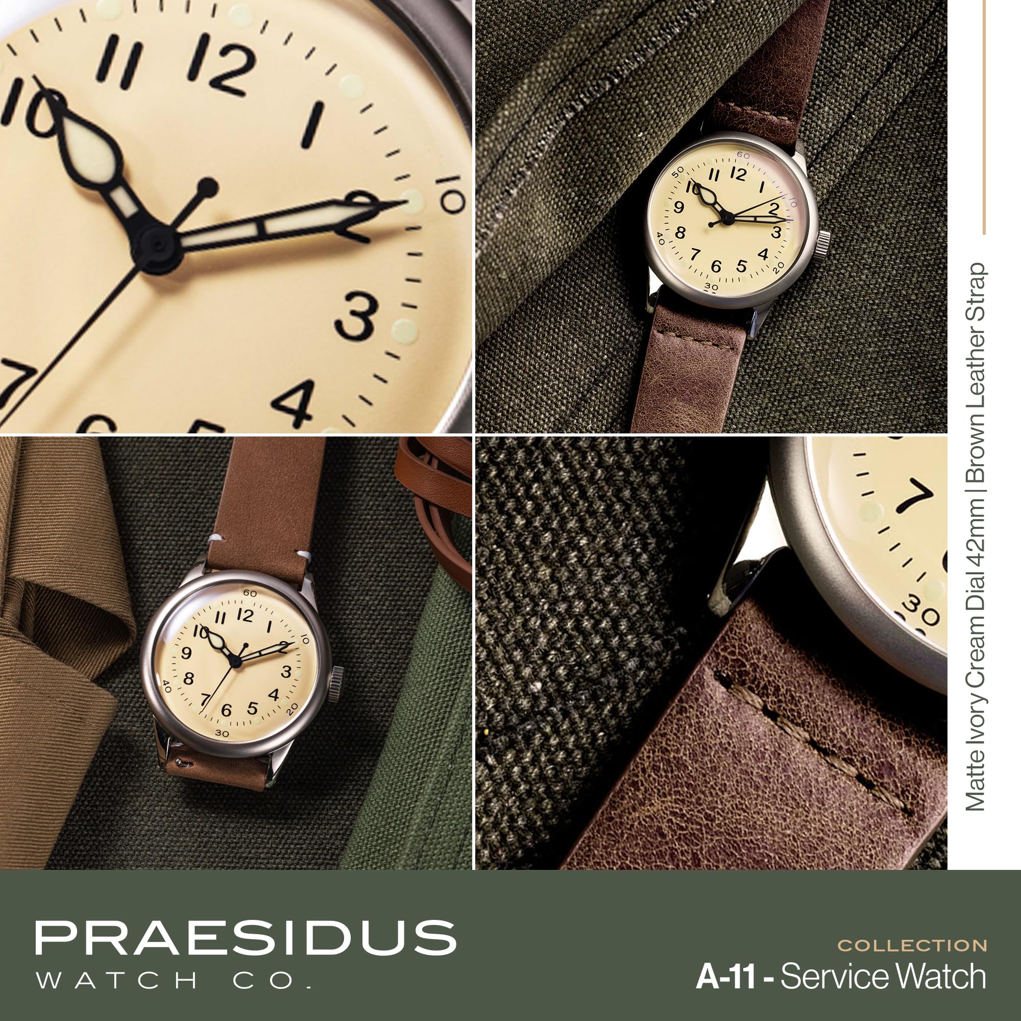 PRAESIDUS | 𝗔-𝟭𝟭 𝗦𝗲𝗿𝘃𝗶𝗰𝗲 𝗪𝗮𝘁𝗰𝗵 - Men's Wrist Watches - A11, Military - 38/42mm, Assembled in The USA | Automatic, WW2, Gifts for Men