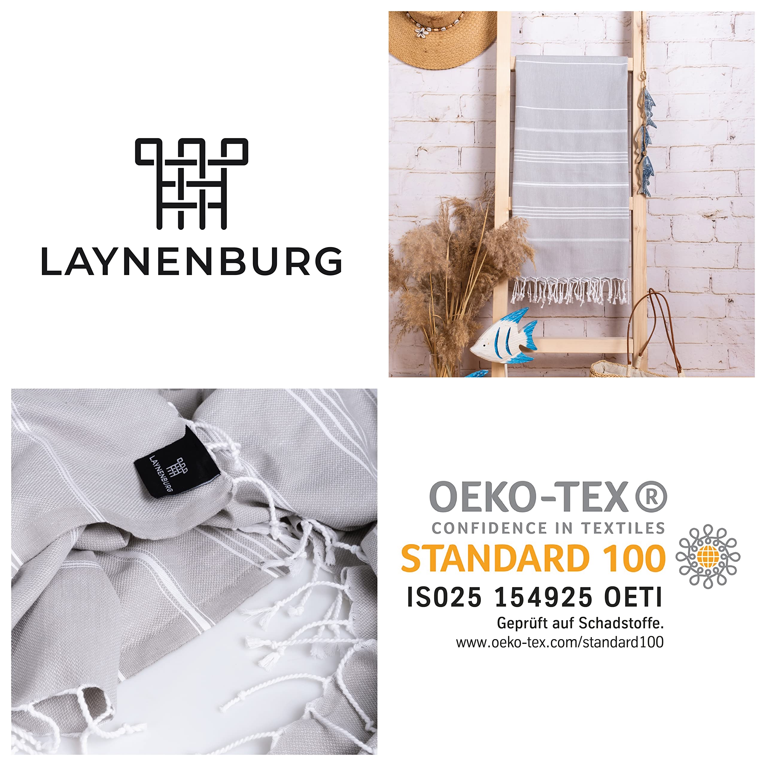 LAYNENBURG Ręcznik premium z ręcznie wiązanymi frędzlami, do łaźni tureckiej, sauny, plażowy, 100% bawełna, Oeko-Tex 200, duży, podróżny, rozmiar XXL, 100 x 200 cm, szary