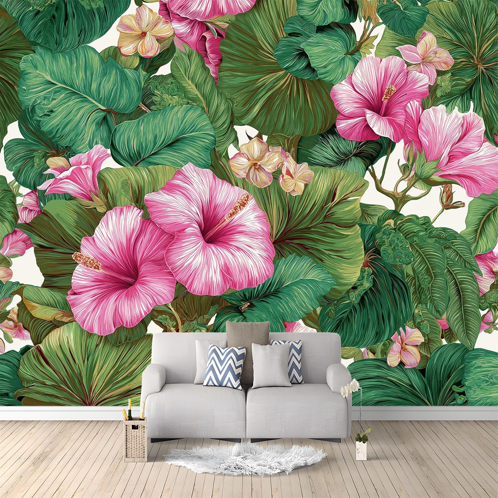 Fototapeta Retro Hibiskus Liście Egzotyczne Kwiaty 200 x 140 cm - Tapeta z włókniny (TNT) efekt 3D, dekoracyjna fototapeta do salonu, sypialni i jadalni - zielona
