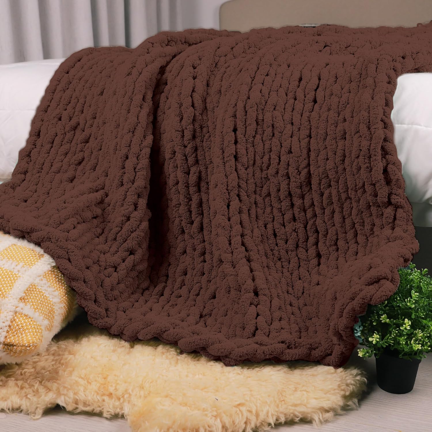 carriediosa chunky knit throw blanket 60" x 80" twin, 100% hand made large chenille loop yarn soft fluffy throws for couch sofa bed, big crochet cozy heavy thick cable woven blanket, cocoa brown cocoa brown 60" x 80"
