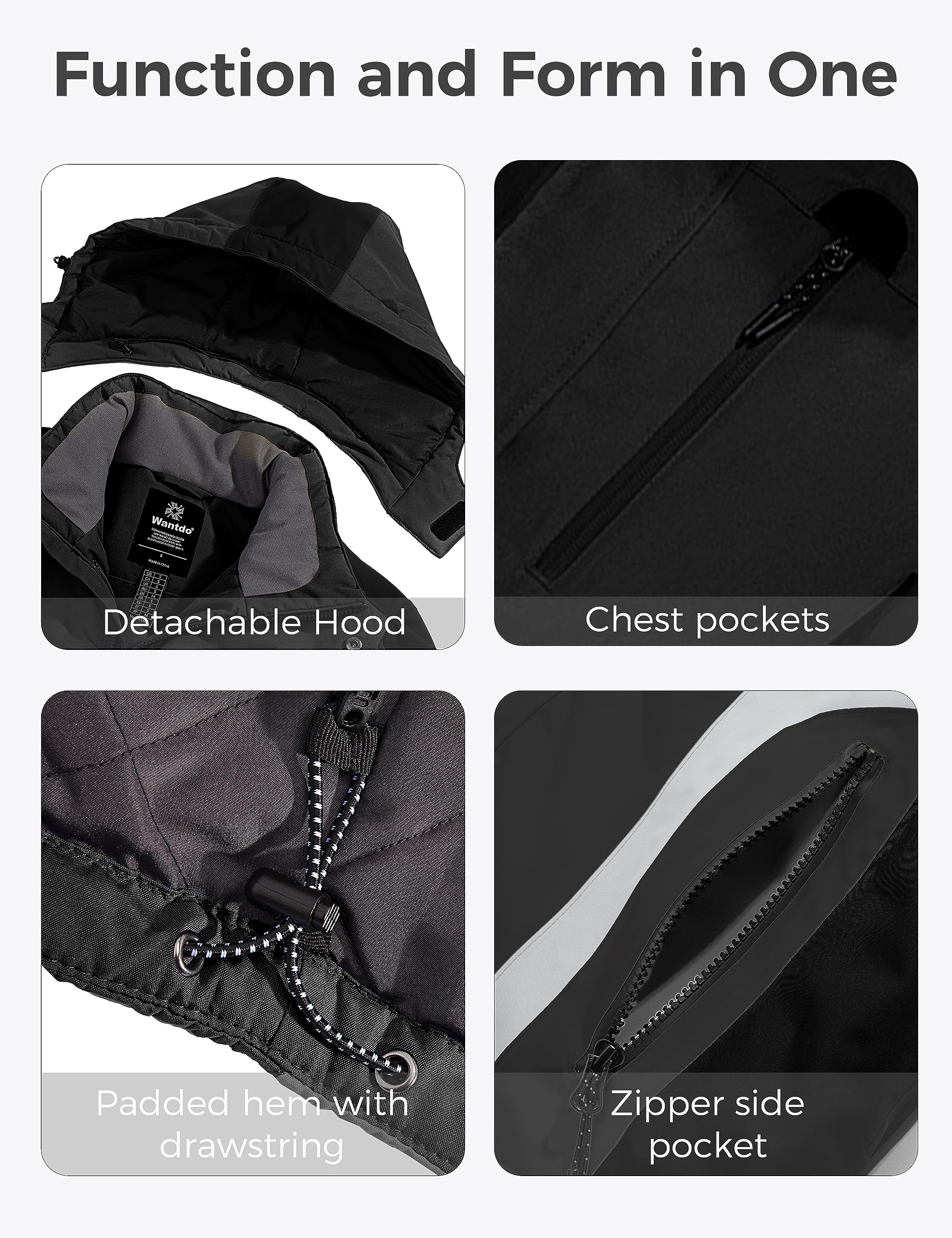 Wantdo Giacca da Sci Impermeabile Sport Outdoor Parka da Snowboard Antivento Cappotto da Neve con Cappuccio Giubbotto da Escursionismo Uomo
