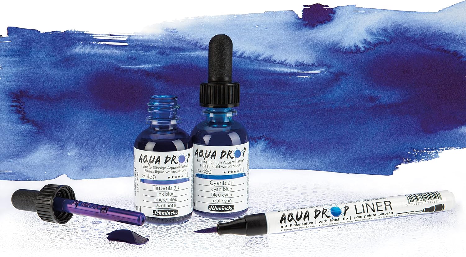 Schmincke - AQUA DROP, liquid watercolor, 5 x 30 ml transparent colors + LINER with brush tip, 78 105 097, Set for watercolor painting, calligraphy, handlettering, airbrushing