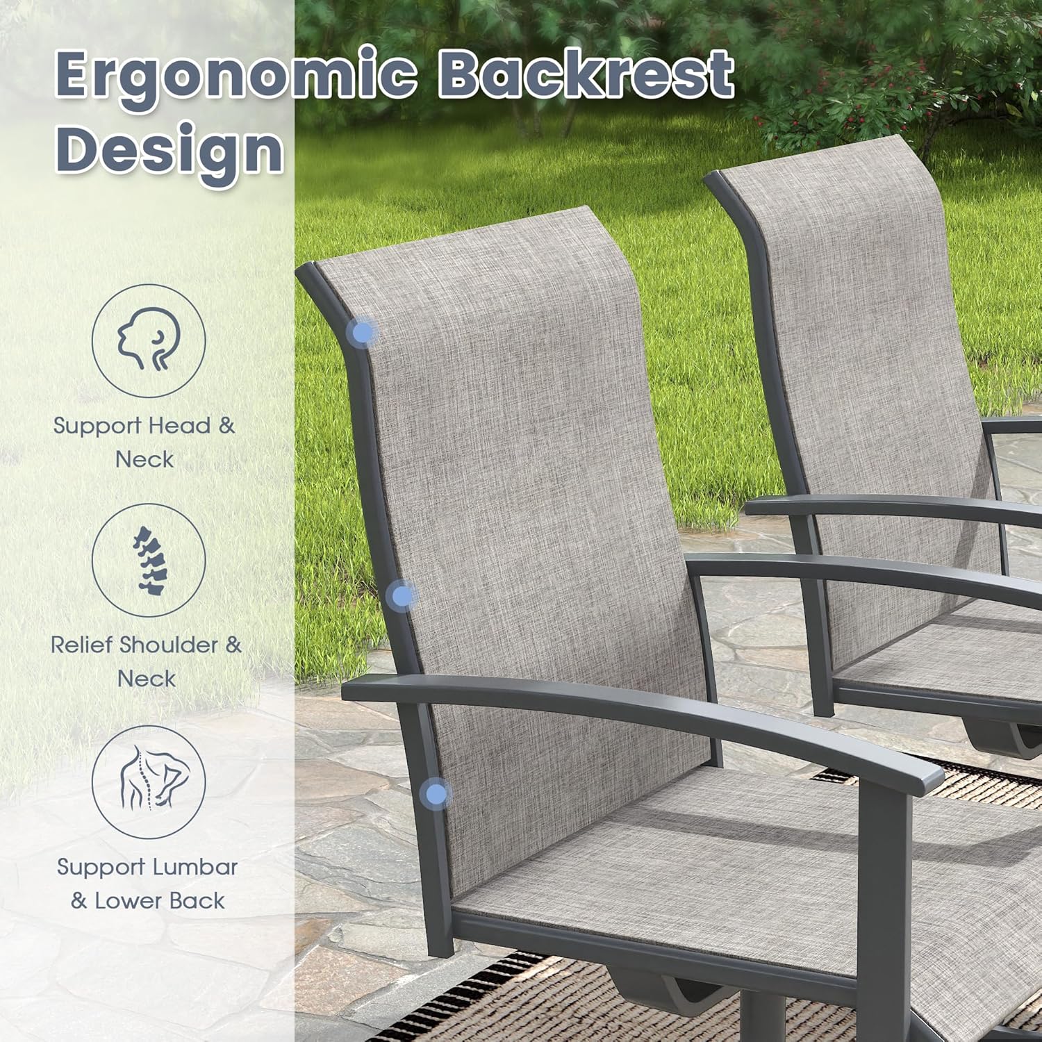 VICLLAX 7 Pieces Patio Outdoor Dining Set, Including 2 Swivel Textilene Chairs, 4 Textilene Chairs and 63" Rectangular Metal Table with Umbrella Hole for Porch, Deck, Garden, Black/Grey