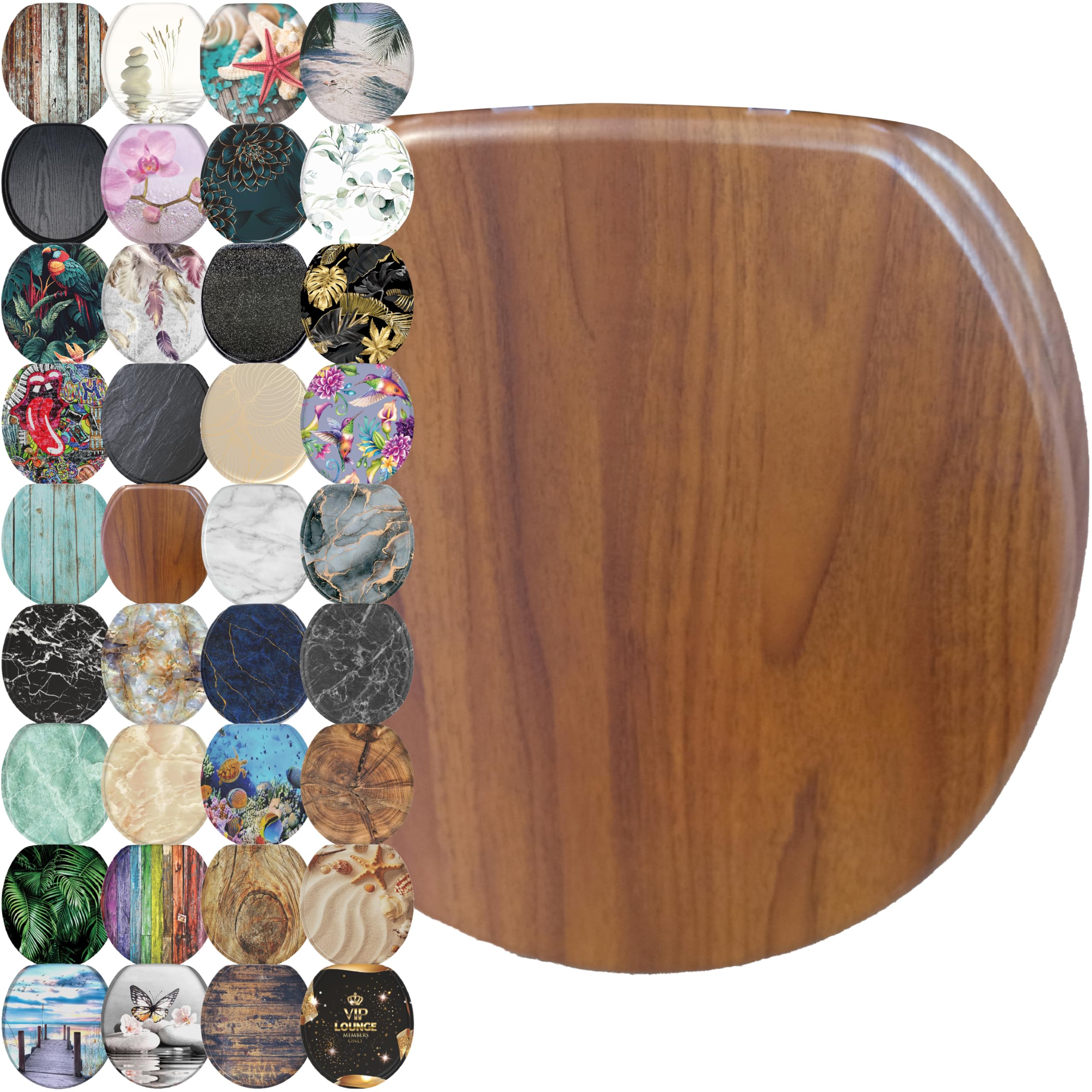 sanilo soft close toilet seat round, quiet and slow close lid and seat, strong bumpers and hinges, mahogany
