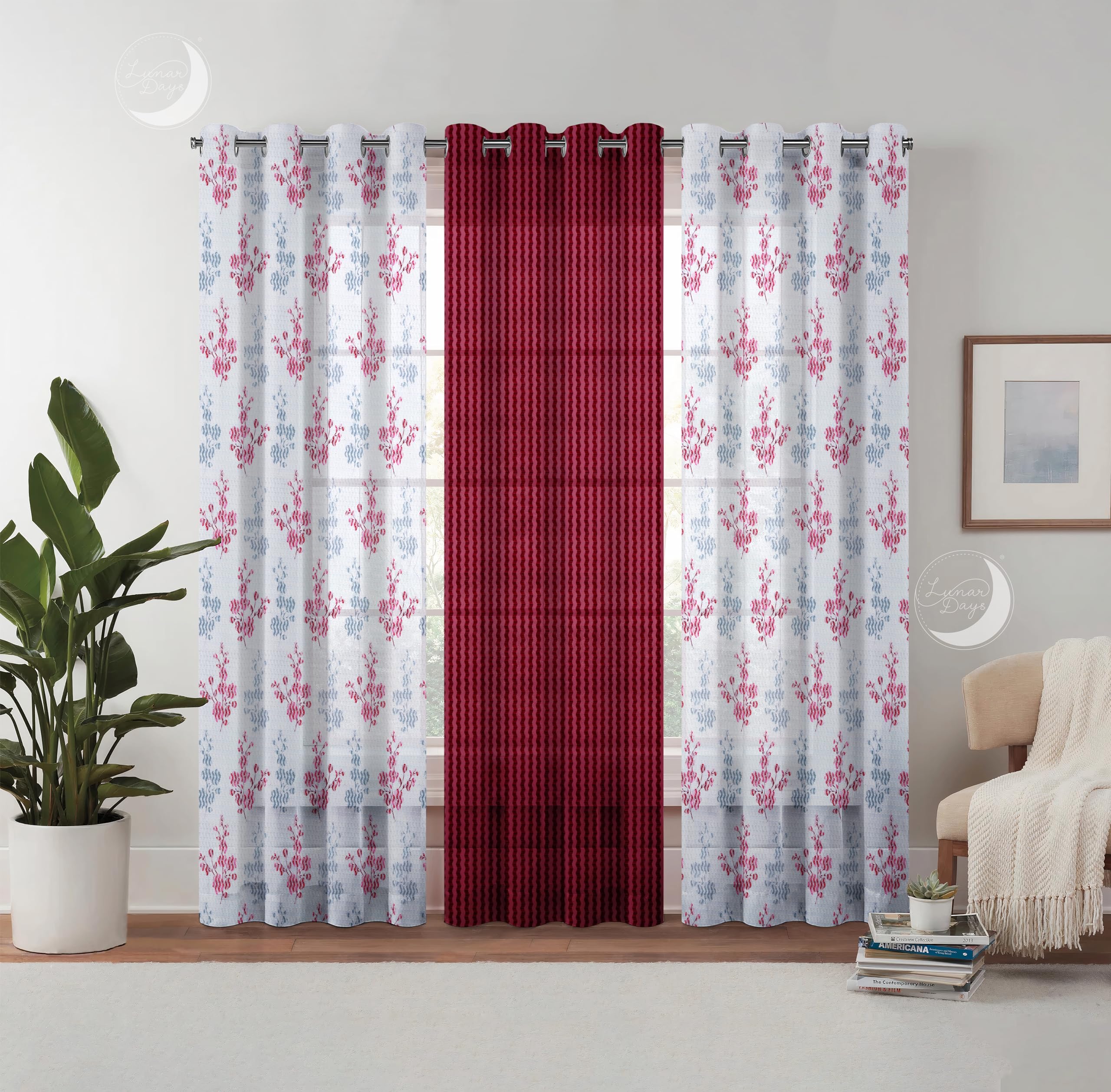 Lunar Days Semi Transparent 3 Piece Tissue Net Sheer Polyester Floral Stripes Window Eyelet Curtains with Grommet for Living Room Home Decor - 5 Feet, Maroon, Pack of 3 (B0CJY6RS46) Amazon Price History, Amazon Price Tracker