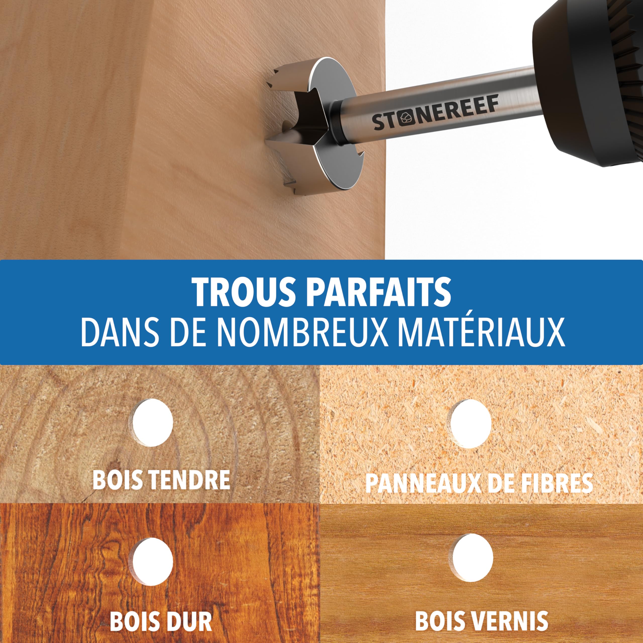 STONE REEF Lot de 8 forets Forstner [12-40 mm avec boîte de rangement] – Forets à bois de précision à tête plate, foret à charnière, foret à bois plat, foret à charnière, foret de construction
