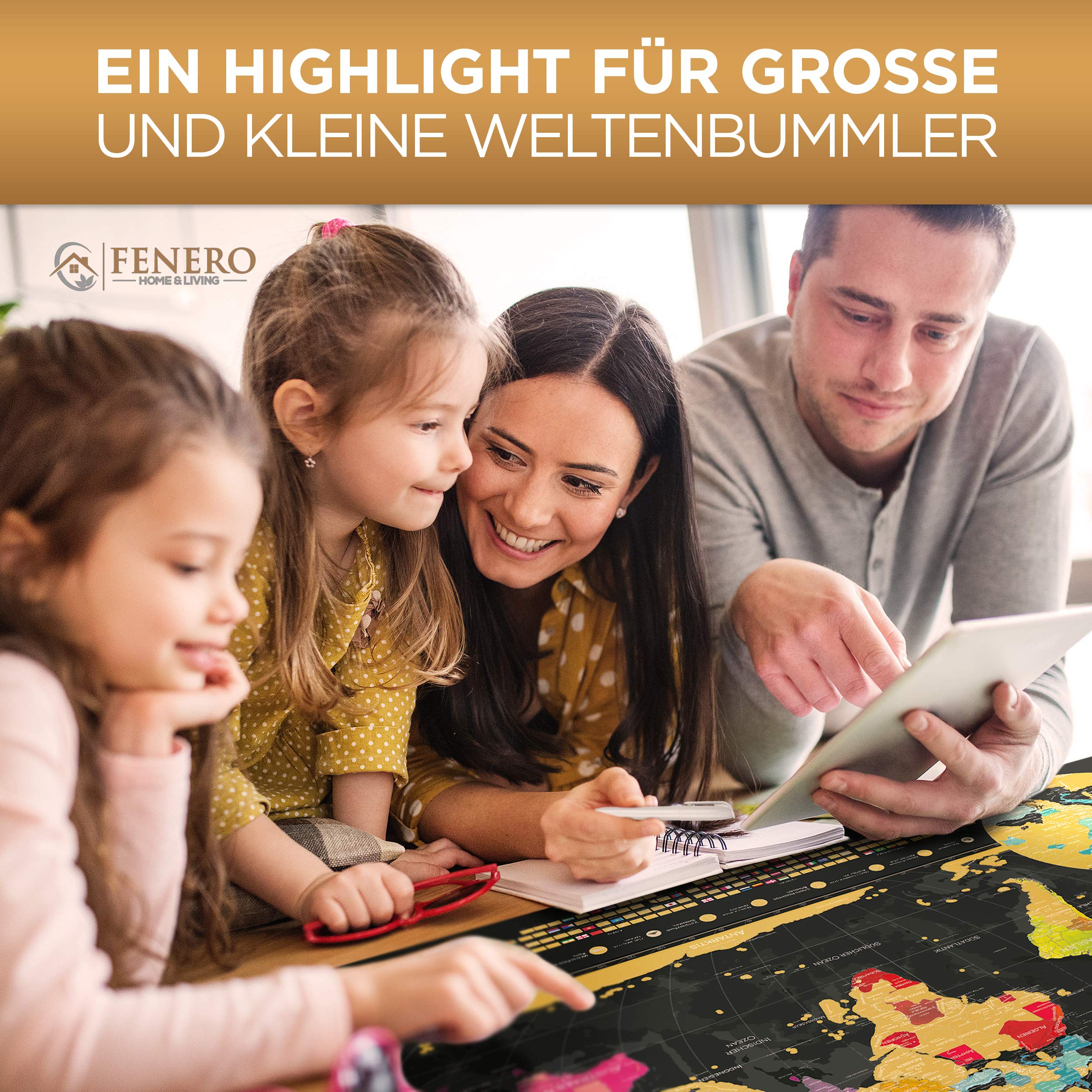 FENERO Weltkarte zum Rubbeln XXL [DIN A1] - aus exklusivem Kunststoff - Rubbel-Weltkarte Deutsch - Landkarte zum Rubbeln mit Marker, Plektrum & Täschchen - GOLD