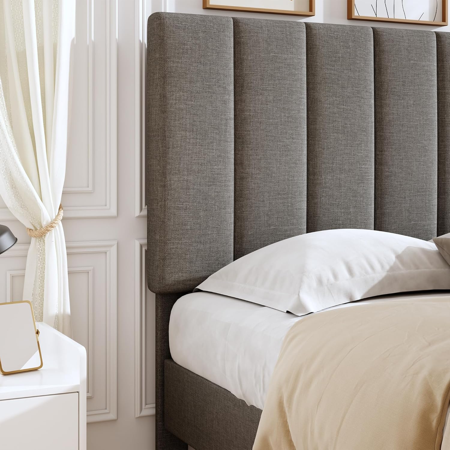 Square Tufted Linen Headboard Only, Upholstered Fabric Headboard Full Size, Durable and Sturdy Solid Wood Bed Headboard, Adjustable Height 44"-52", Stone