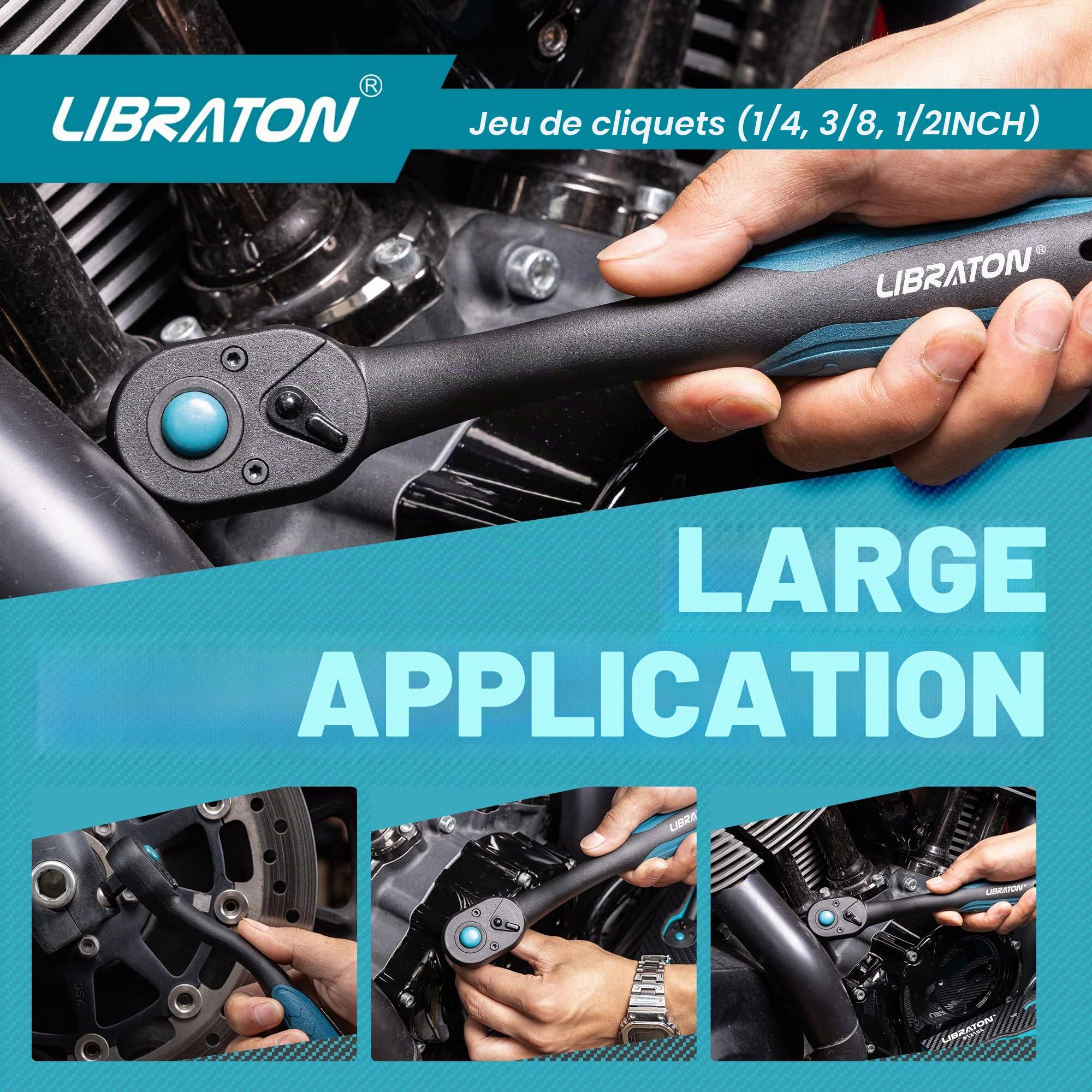 LIBRATON Clés à Cliquet Réversible Lot de 3 1/2" 3/8" 1/4" 72 Dents Dégagement Rapide