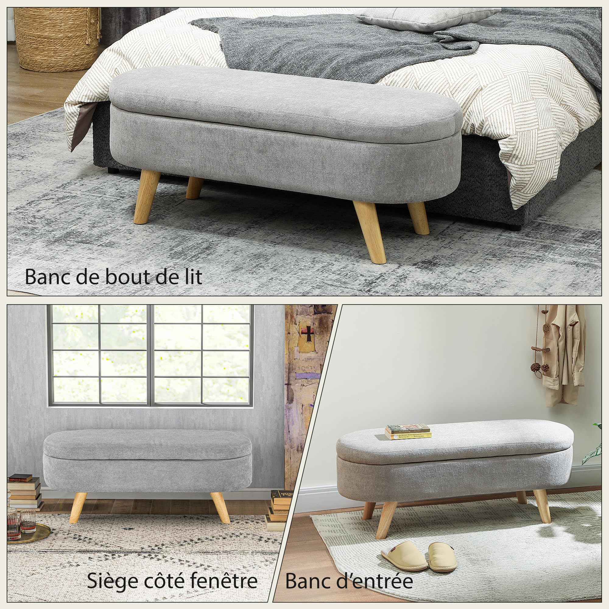 HOMCOM Bank Bank Endstück Bett Aufbewahrungsbox 2 in 1 Stoff mit Holzfüßen 110l x 40T x 43H cm hellgrau