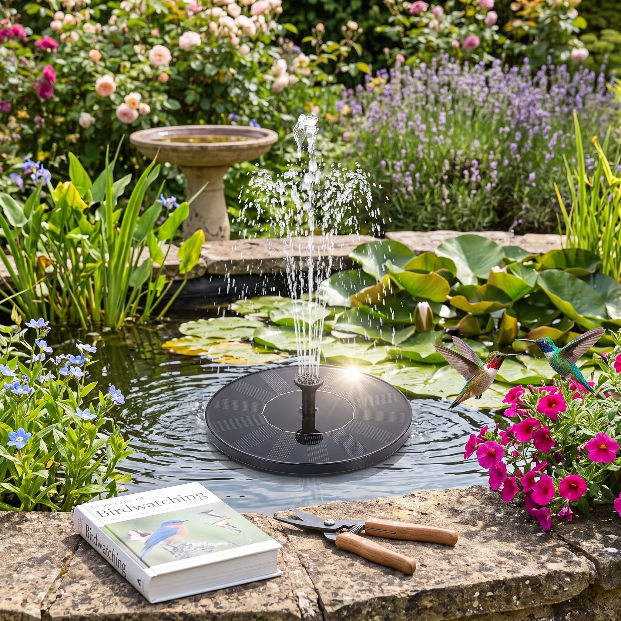 Pompa Fontana Solare, Senza Batteria Necessaria, 4 Stili Spruzzo Regolabili, Adatto Giardino Stagno Piscina Esterno, Flusso 180L/H Altezza 55-95cm, Funziona Ore 7:30-17:00 Sole