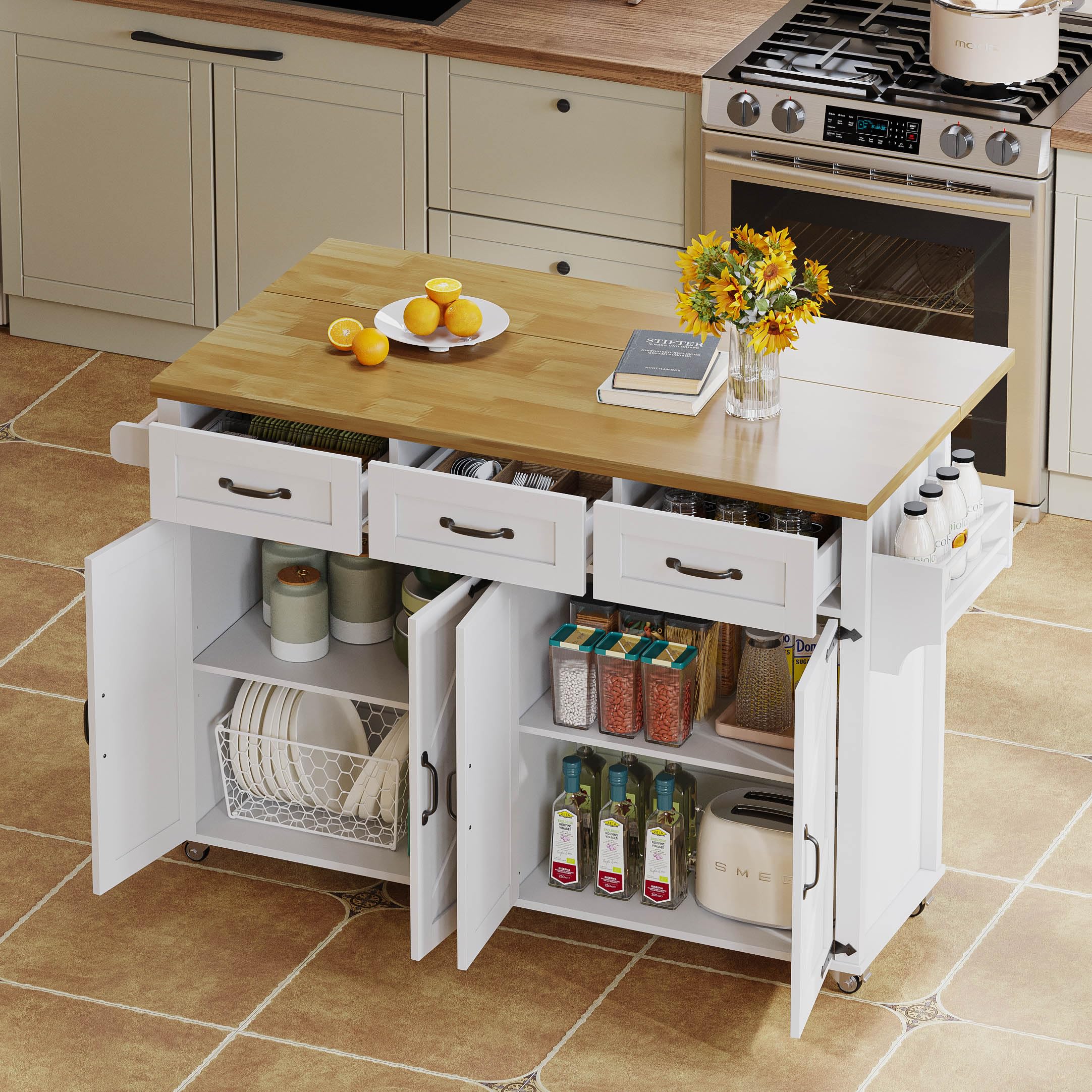 WheewithRac - Carrello pieghevole a isola con credenza salvaspazio e armadietto, facile da montare, porta asciugamani per sala da pranzo, colore: bianco
