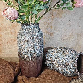9.6in Ceramic Vase for Home Decor,Brown Vases with Unique Blue Bubble Gl...