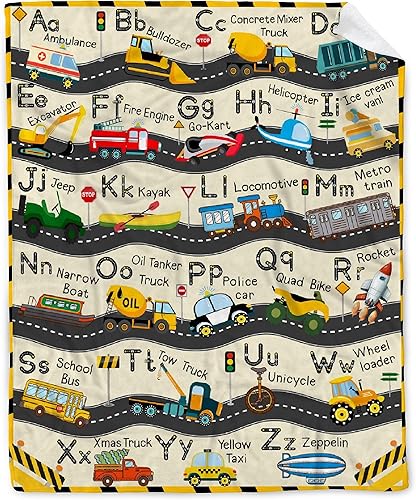 Manta del alfabeto de vehículo de transporte, regalo para niñas, niños, amantes de los camiones, regalo único del alfabeto para decoración de