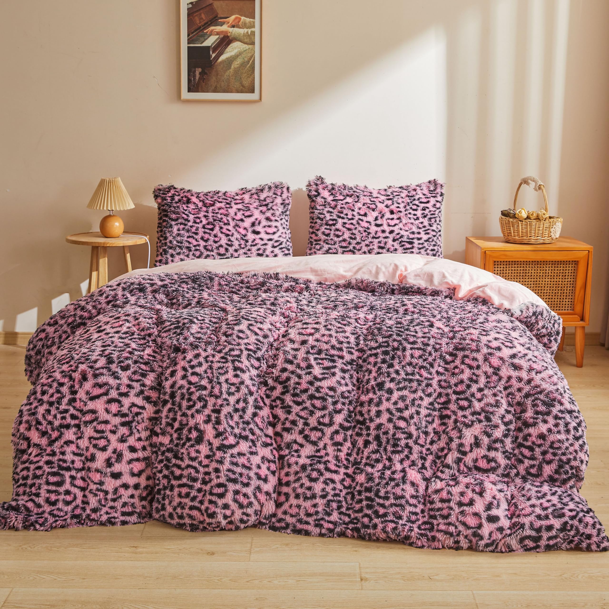 XeGe Cheetah Print Fluffy Faux Fur Duvet Cover Set