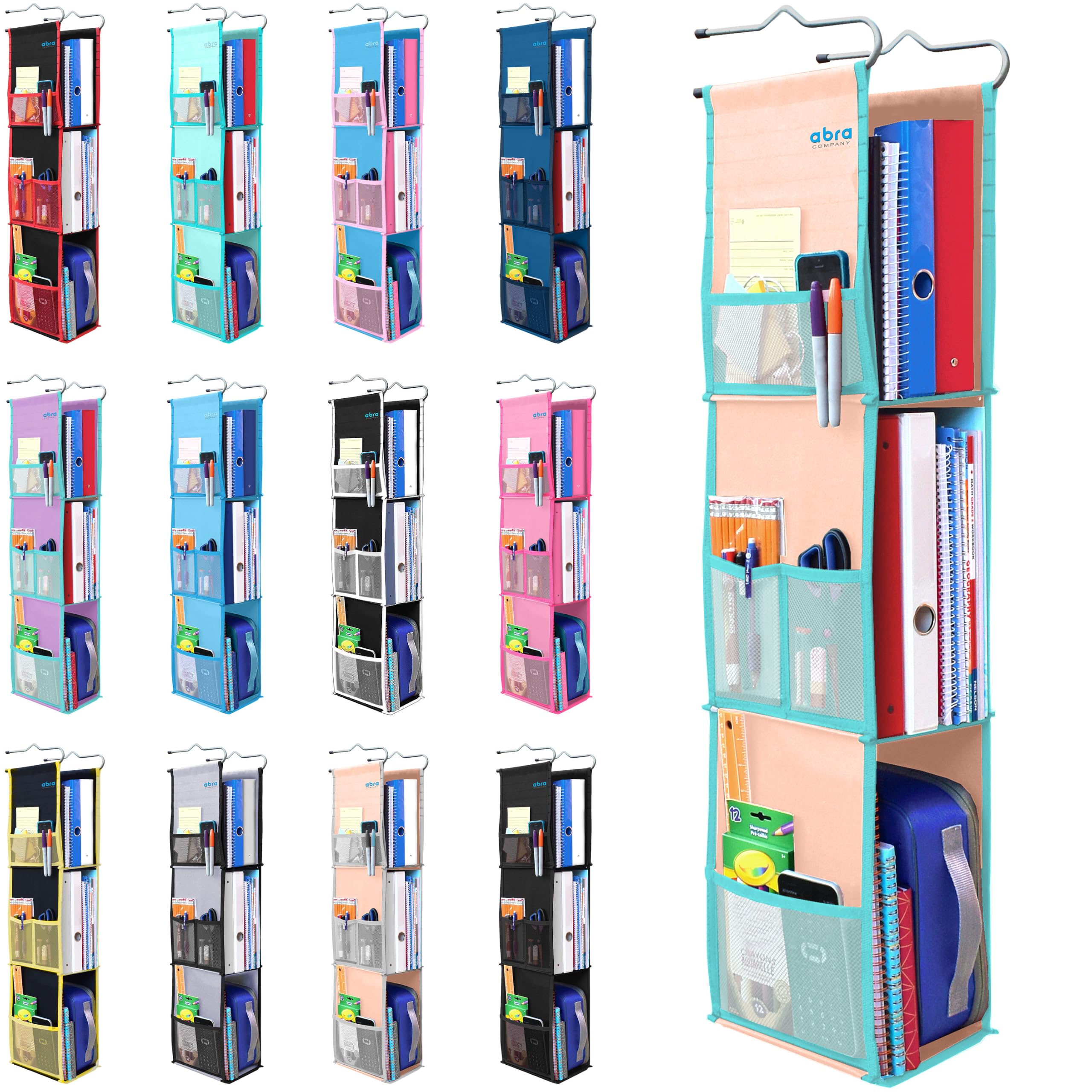 ABRA® Organizador de casillero colgante de 3 estantes para escuela, gimnasio, trabajo, almacenamiento, estantes profundos de 6.5 x 9 pulgadas, tela ecológica saludable para niños, estante ajustable de