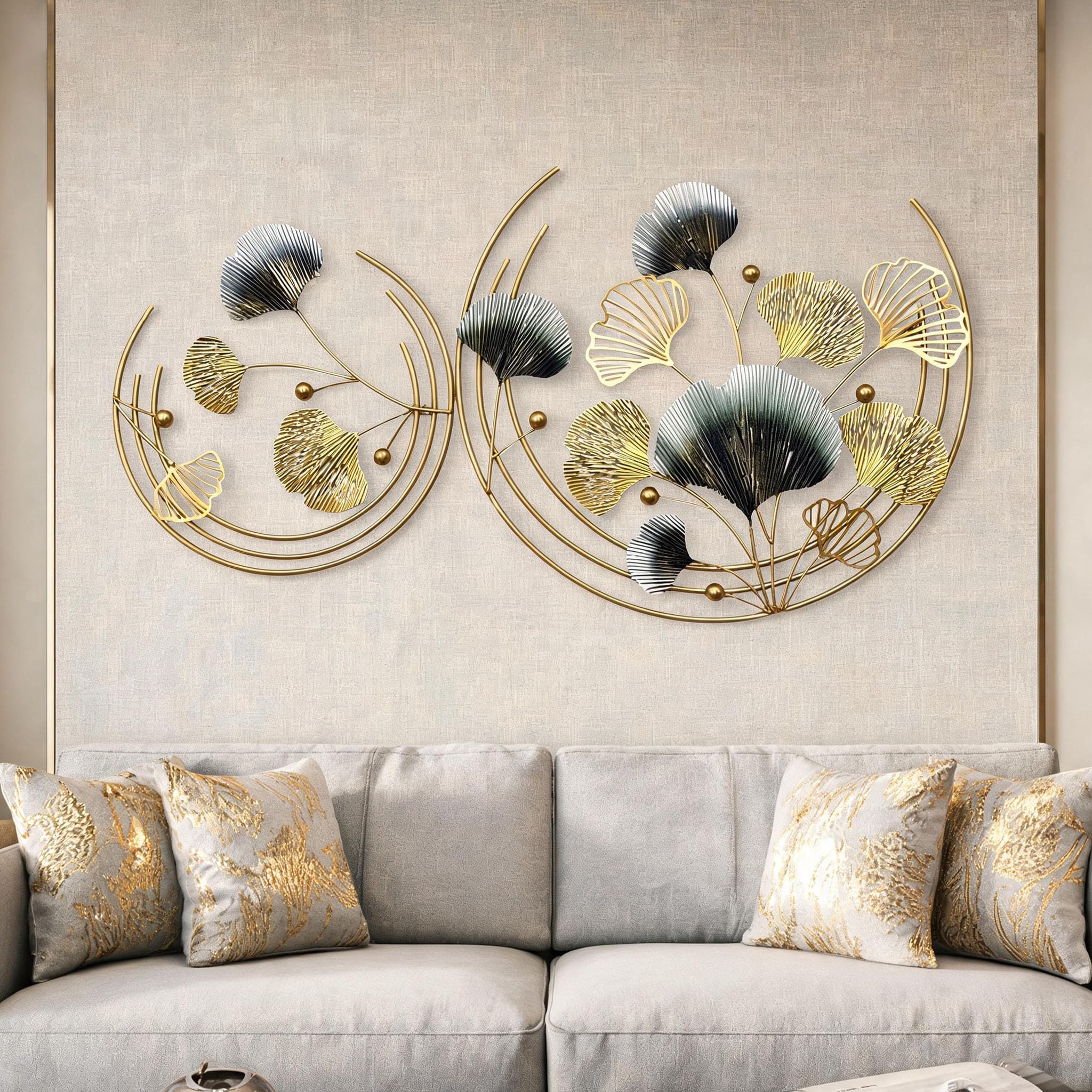 Aisny Décoration Murale Salon, 110 x 60cm, Art Mural Métal Forgé, Feuille Ginkgo, Sculptures Murales, Fond Canapé, Ornements Muraux, Bureau