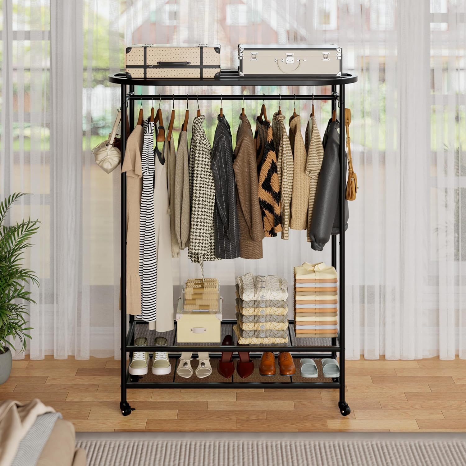 Clothes Rack with Cover, Heavy Duty Portable Closet for Hanging Clothes, Rolling Clothing Closet, Garment Rack with Wheels&Side Hooks, Closet Organizers and Storage with Black Cover, Max Load 380LBS