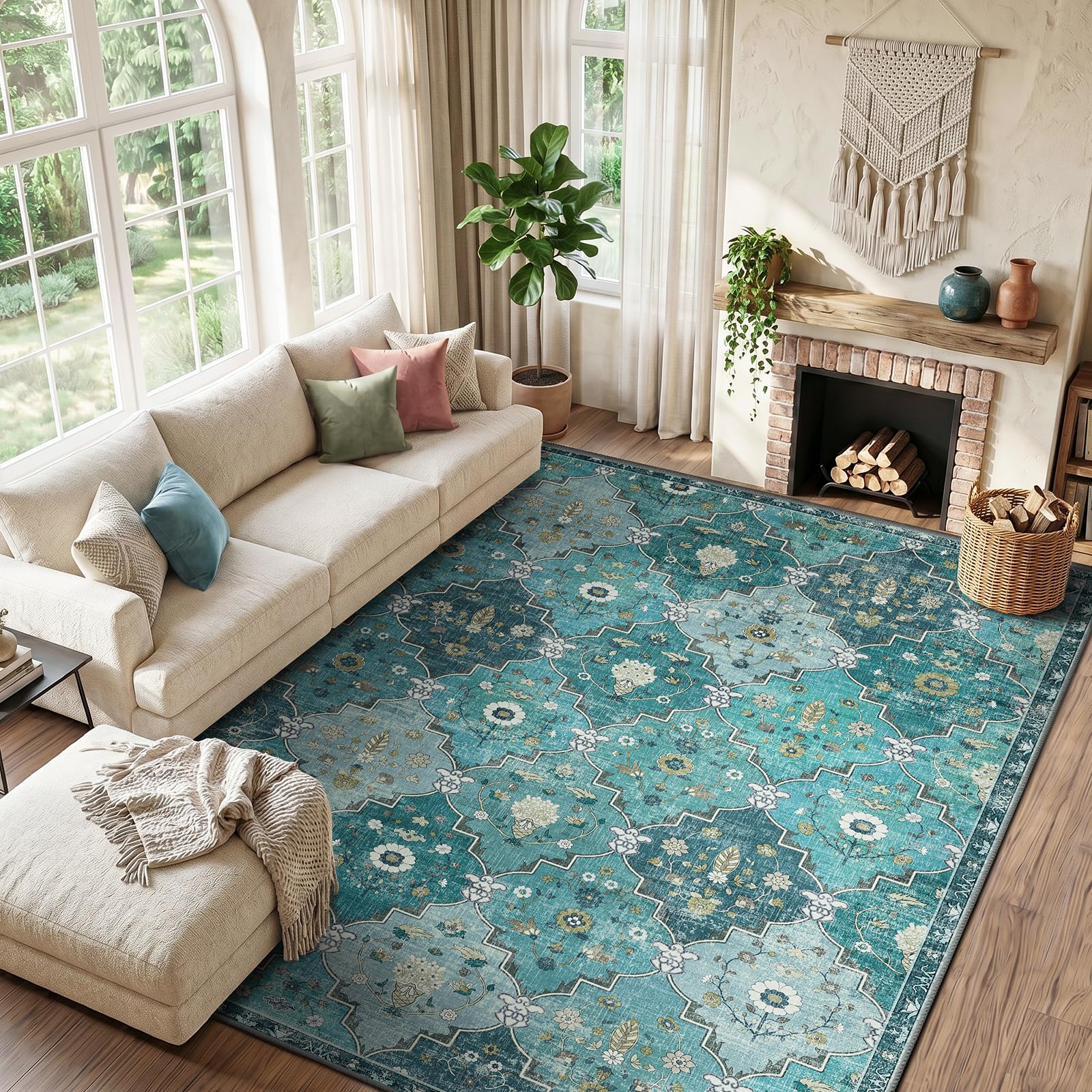INOVADAY Teppich Wohnzimmer Moroccan Teppich Waschbar Boho Kurzflor rutschfest Teppiche für Lounge Schlafzimmer Esszimmer mit Druckmuster