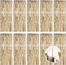 10 Pack Champagne Gold Foil Curtain Backdrop 3.2ft x 9.8ft Metallic Tinsel Foil Fringe Curtains Streamer Photo Booth Backdrop for Birthday Party Engagement Bachelorette Party Decorations