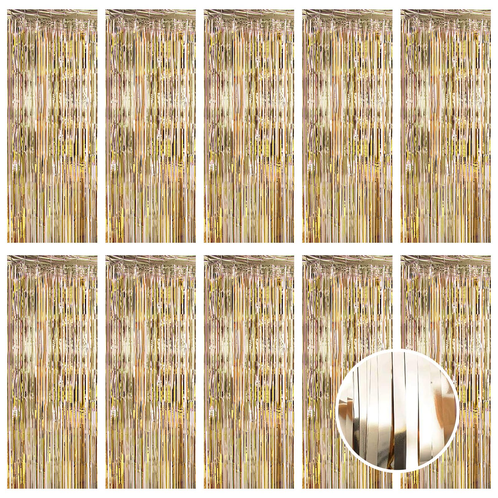 10 Pack Champagne Gold Foil Curtain Backdrop 3.2ft x 9.8ft Metallic Tinsel Foil Fringe Curtains Streamer Photo Booth Backdrop for Birthday Party