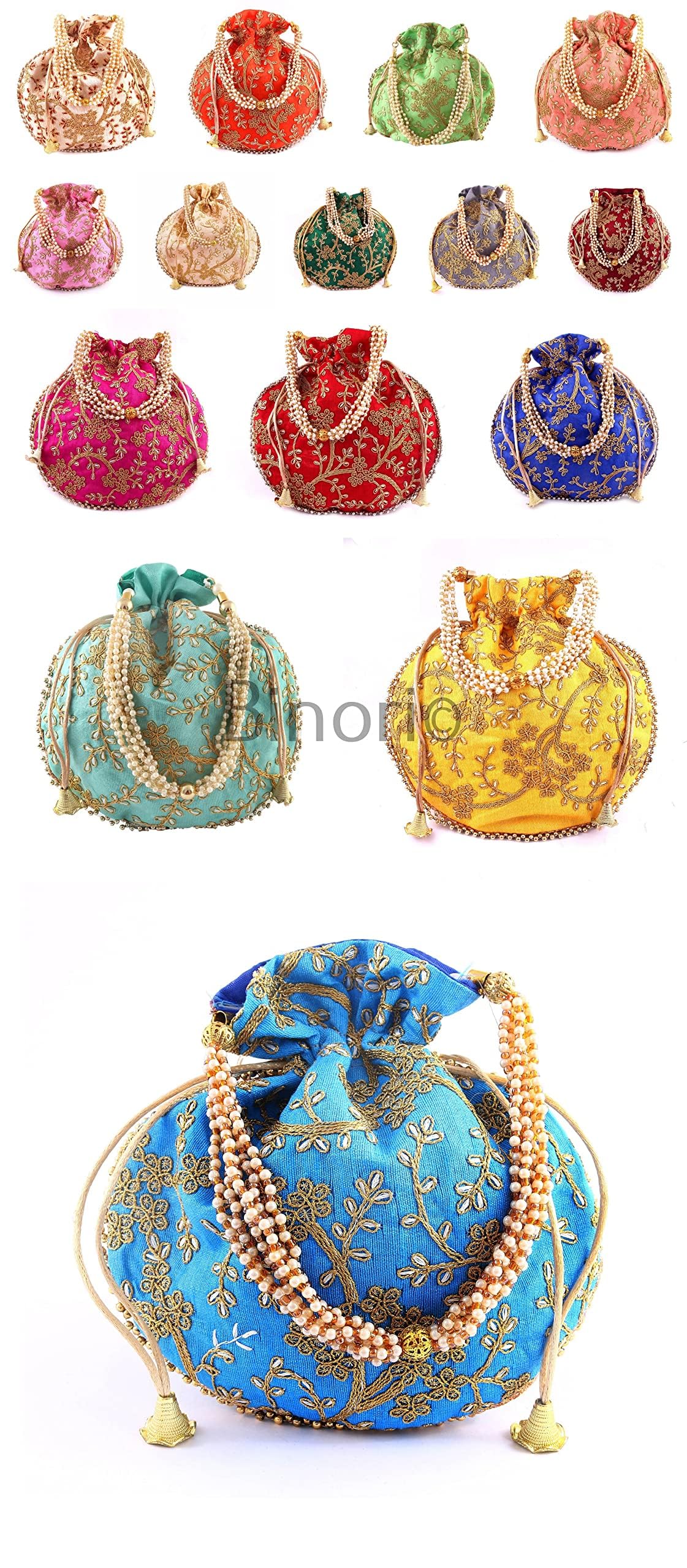 BINORI FASHIONS Rajasthani Style Royal Clutch Silk Batwa Bag Combo Khajoor Wristlets Ethnic Potli Combo For Women's Zari Work Potli Combo Bridal Potli Combo (Pack of 15)