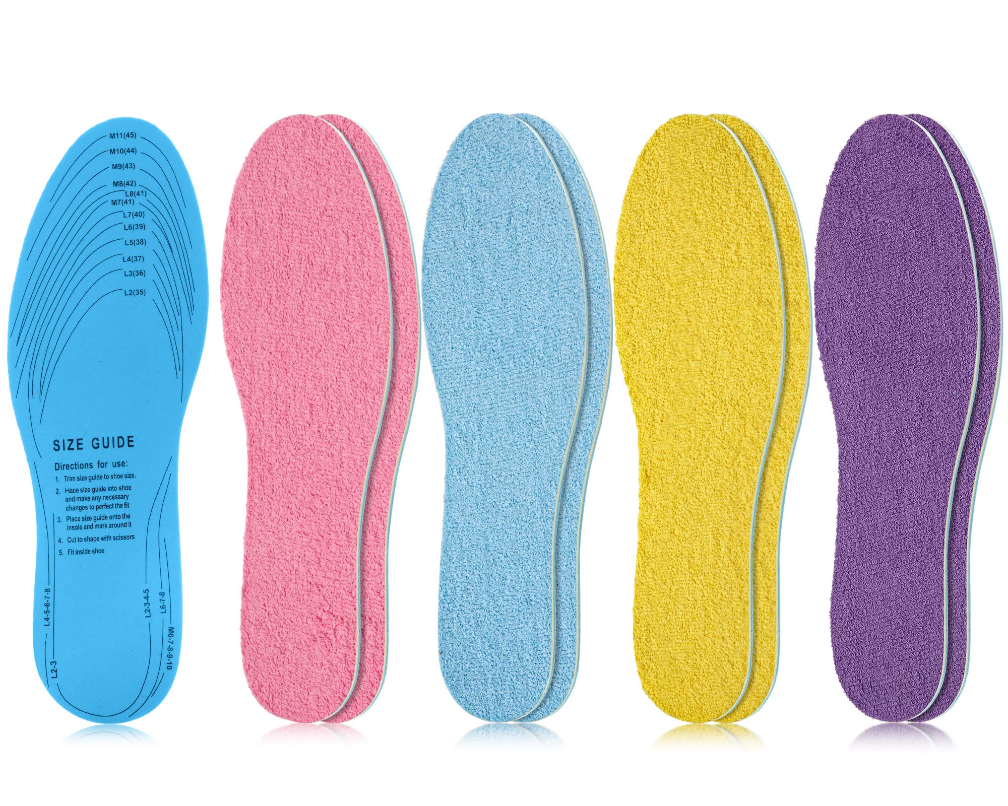 Hercicy 4 pares de plantillas lavables de tela de rizo para mujer, plantillas de repuesto para zapatos descalzos de algodón para hombres 7-11 mujeres 2-8 (colores brillantes)
