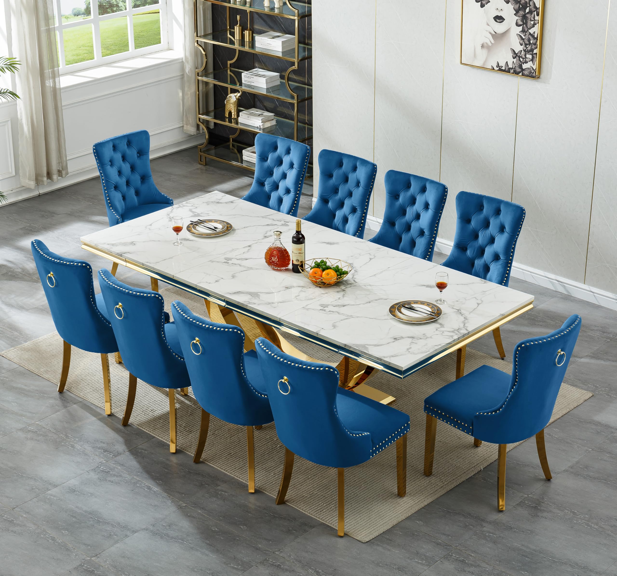 94.5" Large Marble Dining Table Set for 10, Luxury White Gold Kitchen Table with 10 Blue Velvet Dining Chairs, Modern Fuax Marble 11-Piece Dining Room Table Set for 10 w/Stainless Steel U-Base