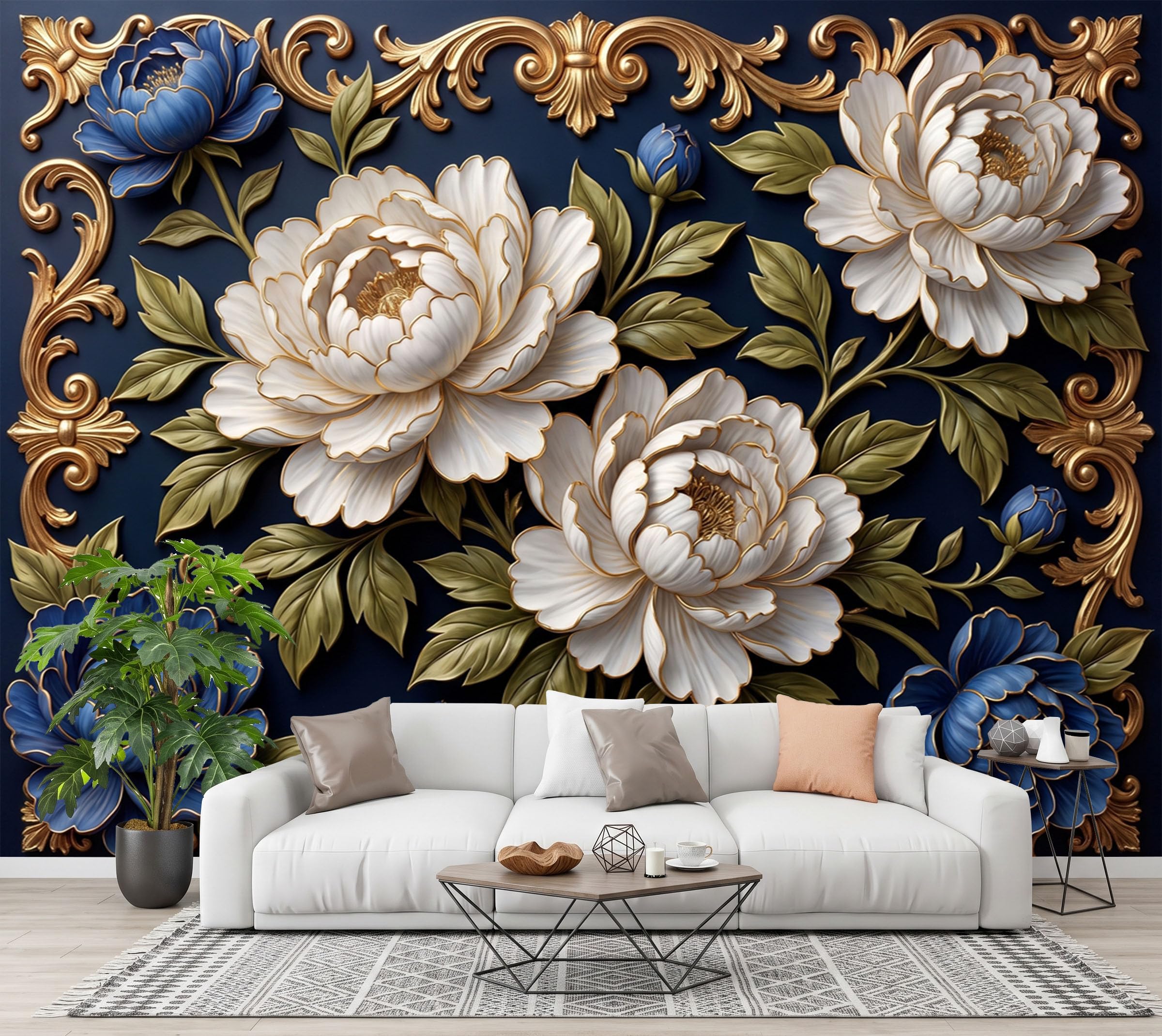Papier Peint Panoramique Luxueux Relief De Pivoine Bleu Foncé 300X210Cm | Papier Peint Intissé Bordure De Plantes Élégante Décoration Murale Chambre, Fresque Murale Pour Salon Fond Tv