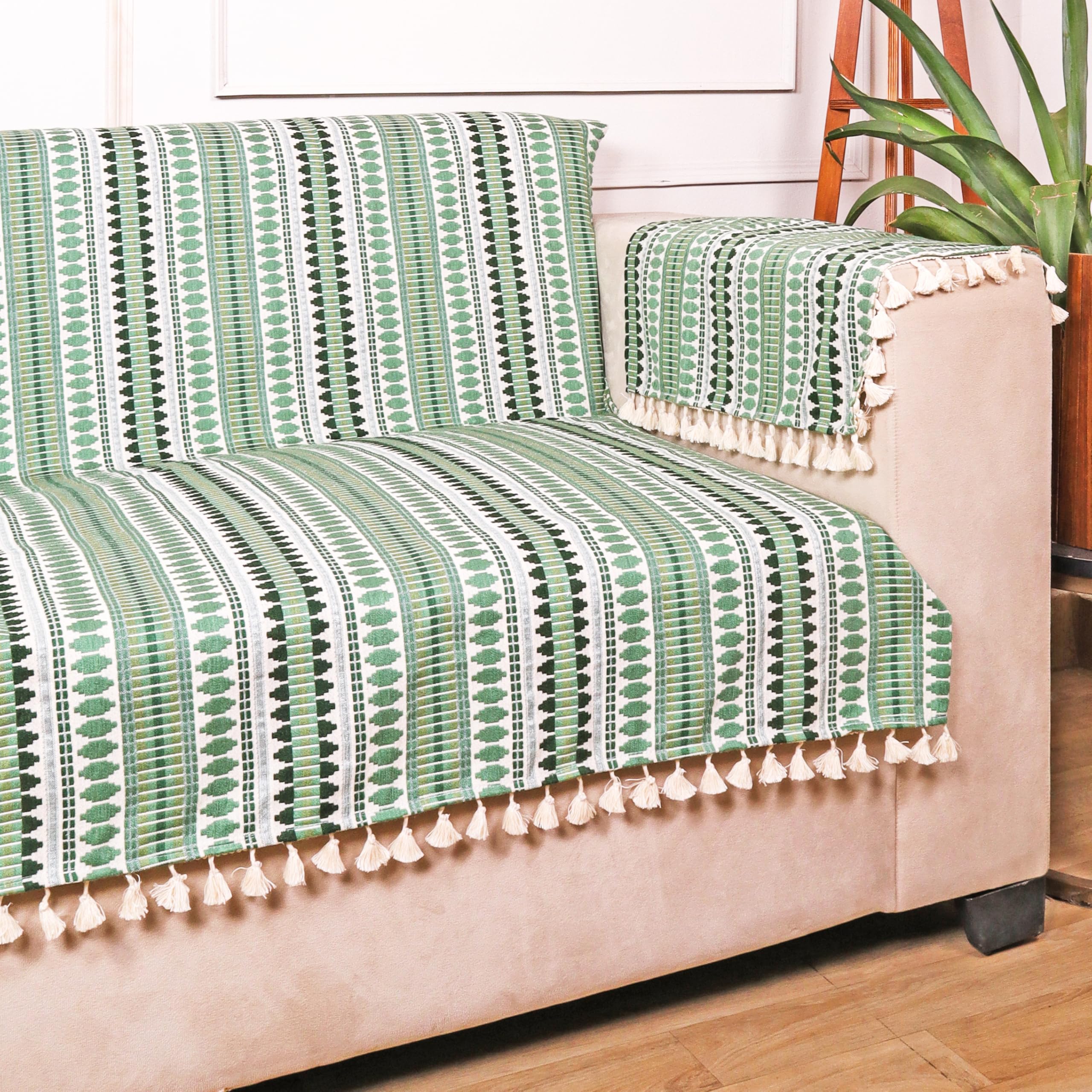 STITCHNEST Woven 1 Seater Sofa Protector with 2 Hand Rest Covers – Green & White Stripe Design – Washable Fabric with Tassels – Stylish Sofa Cover for Modern Living Room & Furniture Décor