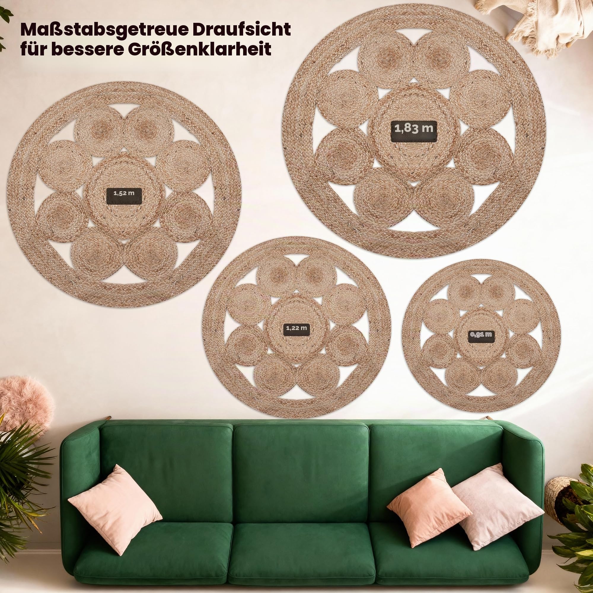 Craft Trade Handgewebt Natur Boho Jute Teppich Reversibel Blume Geflochten Waschbarer Rund Juteteppich für Küche Wohnzimmer und Schlafzimmer- 90 cm