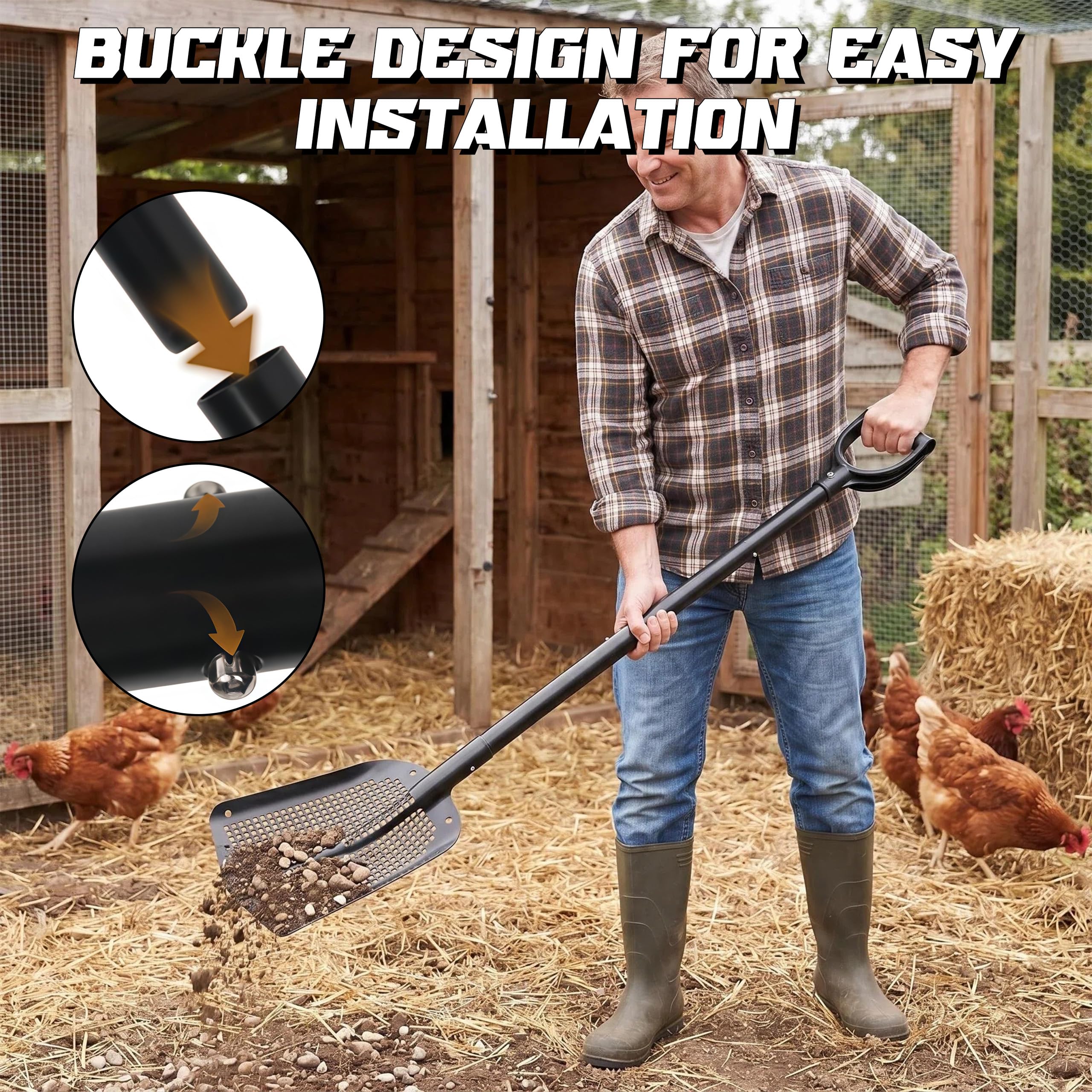 Tragbare Siebschaufel mit 59-118 cm Einstellbar Griff Gartensieb Aluminiumlegierung Sandschaufel Strandschaufel Scooper Garten für Schatzsuche Hühnerstallreinigung Sieben von Kies