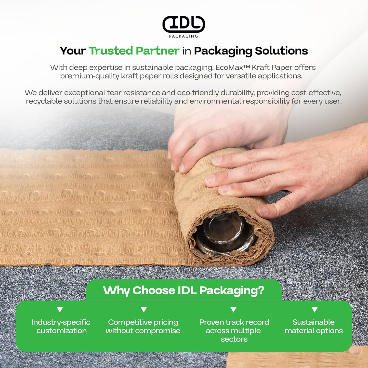IDL Packaging 12" x 25' EcoMax™ Kraft Paper Cellulose Wadding (1 Roll) - Cushioning Wrapping and Box Void Filling - Soft and Gentle Packing for Shipping, Moving, and Storing Fragile Items