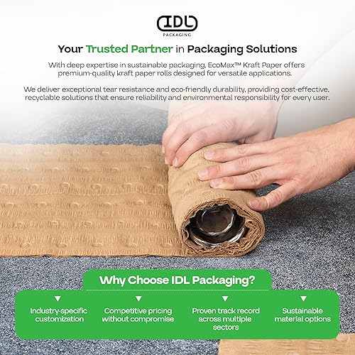 Miniatura 7 de IDL Packaging Empaquetado de celulosa EcoMax de papel kraft de 12 pulgadas x 175 pies en caja autodisponible, envoltura acolchada y relleno de vacío