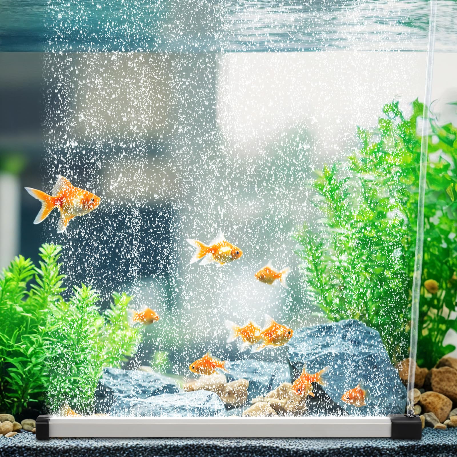 hygger Air Stone in an aquarium, producing fine bubbles