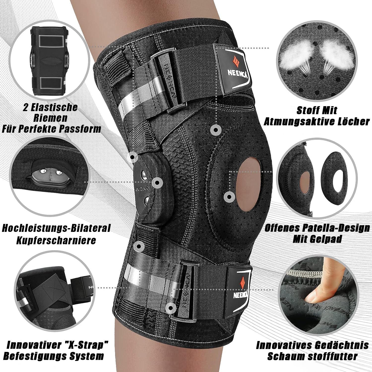 NEENCA Kniebandage gegen Knieschmerzen, Kniestütze mit Scharnier und patentiertem X-Strap Befestigungssystem, starke Stabilität zur Schmerzlinderung, bei Arthritis, Meniskusriss, ACL, PCL, MCL