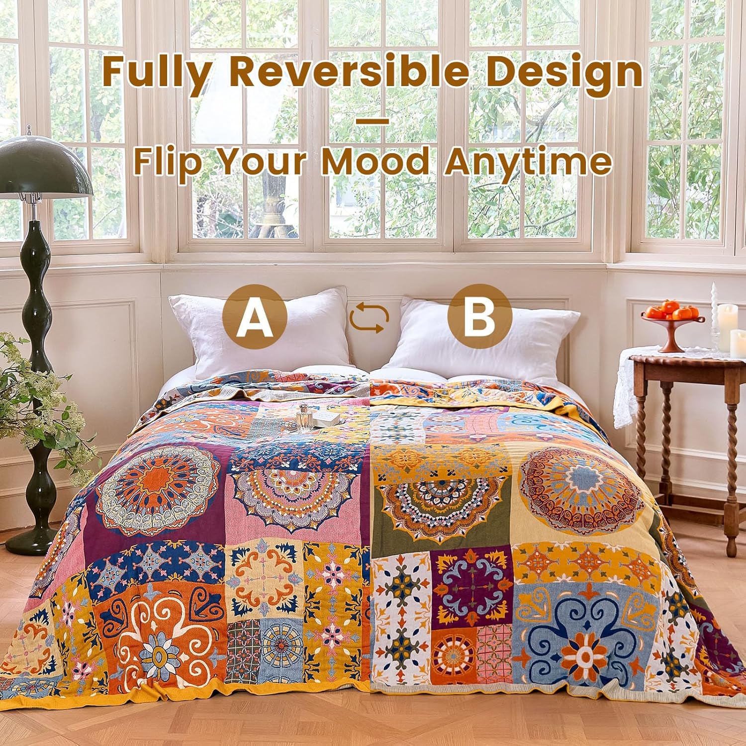 MSGKV Boho Throw Blanket for Bed 90"x90" 100% Cotton Blanket Spring Breathable Lightweight Queen Size Blankets Home Decor Muslin All Seasons