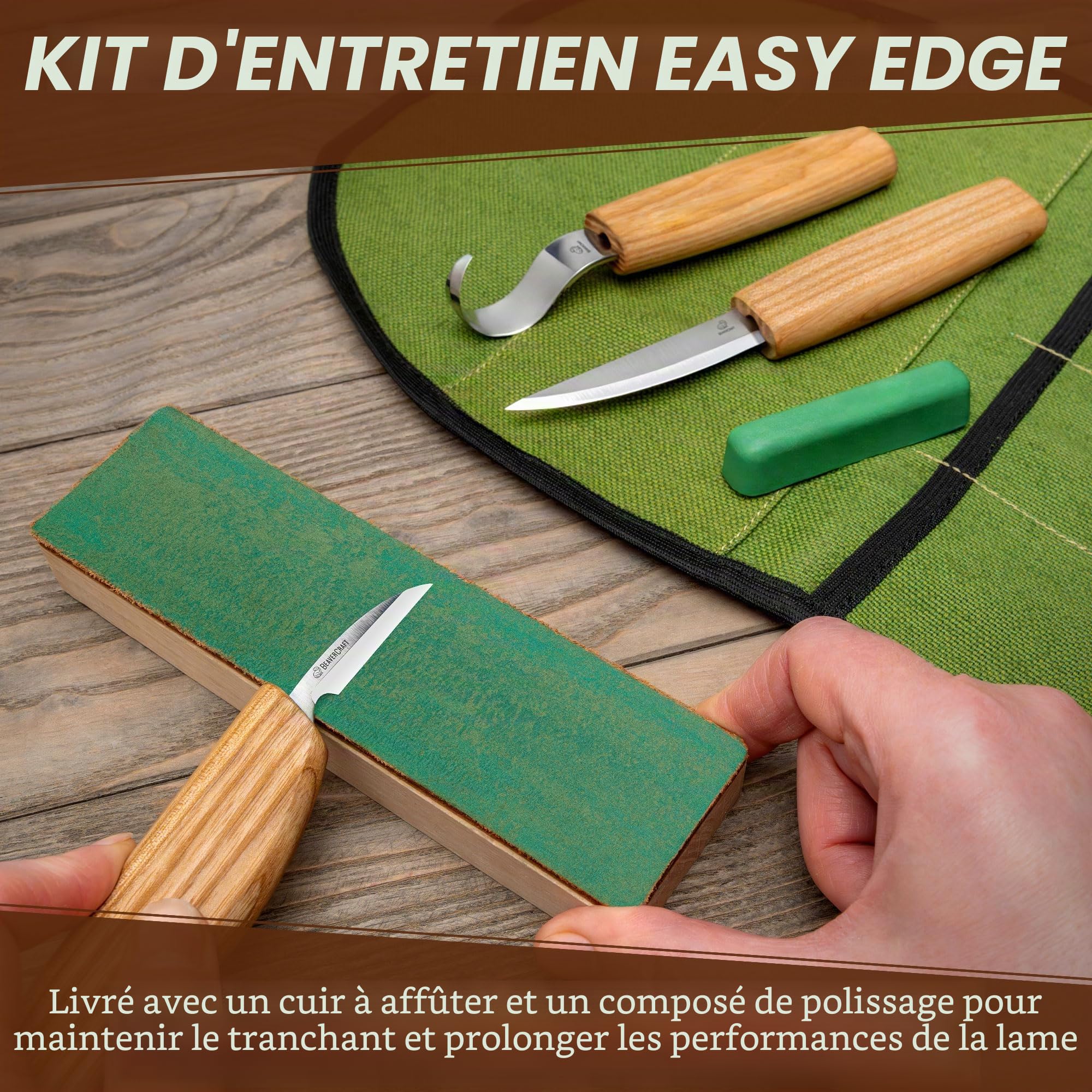 BeaverCraft S13 Set d'outils de sculpture sur bois pour la sculpture de cuillères 3 couteaux dans le rouleau d'outils affûteuse en cuir et pâte à polir crochet couteau de détail Sloyd Couteaux
