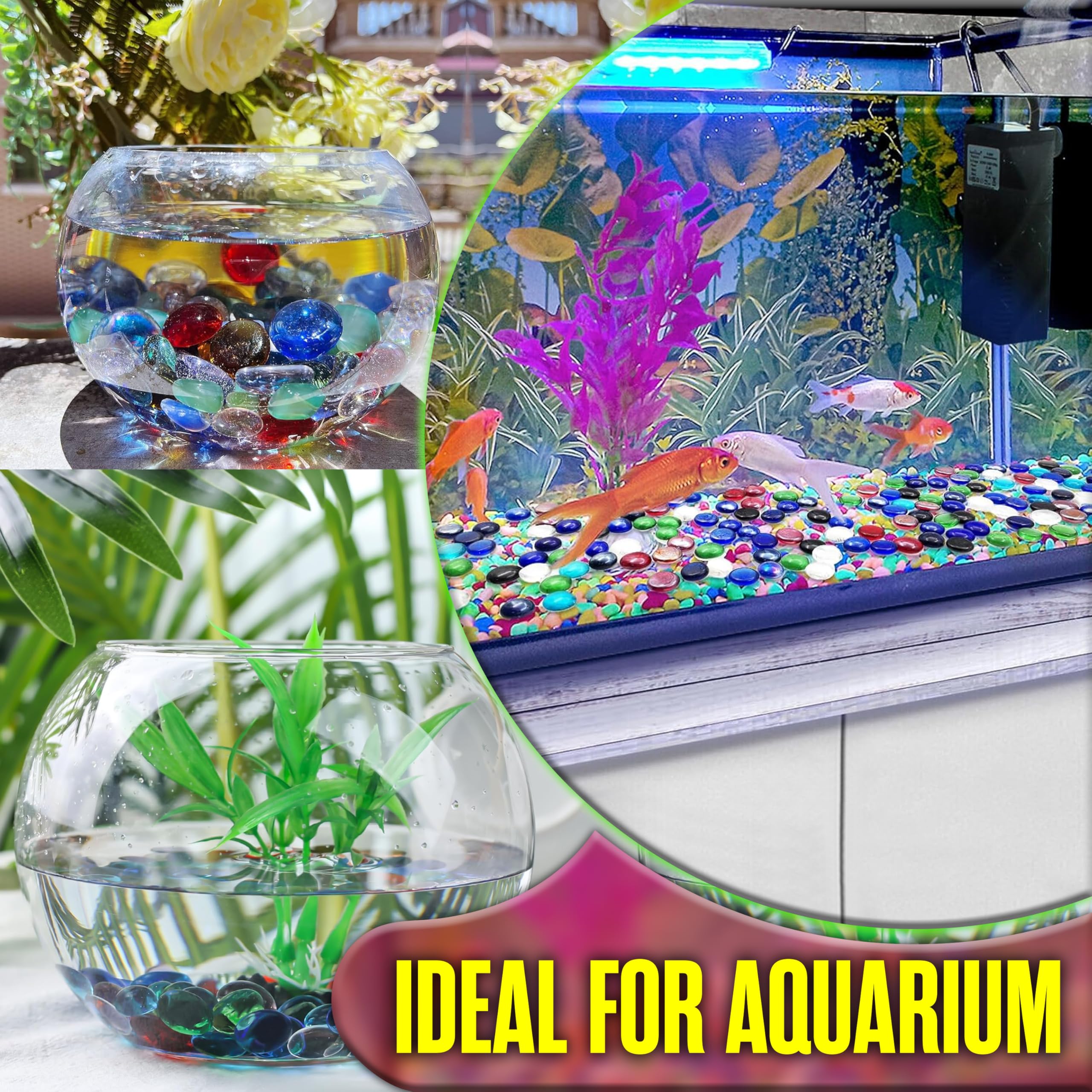 ARSUK Billes décoratives plates en verre pour décoration d'aquarium (2,3 kg, galets mixtes)