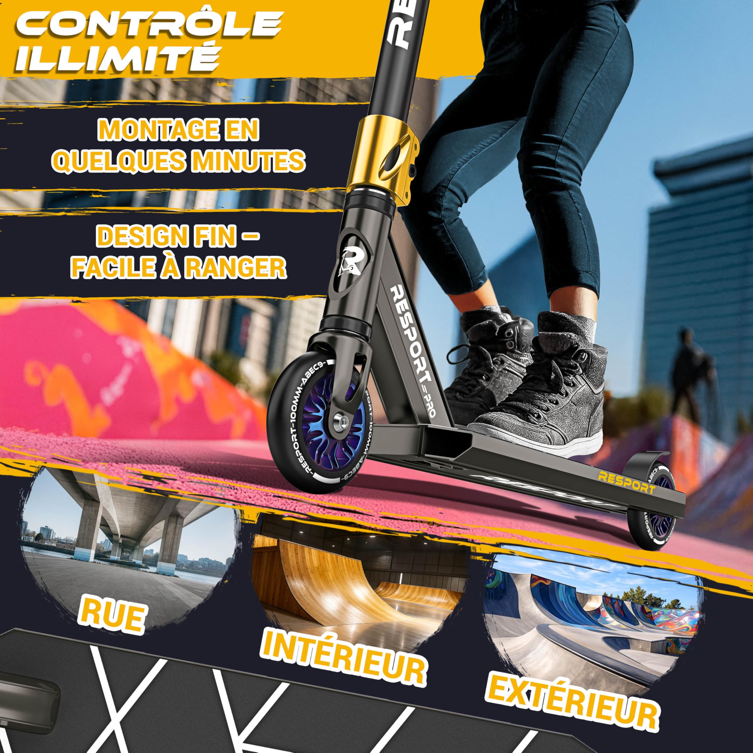 Trottinette Stunt RE:SPORT Revo – Pour Enfant Et Adulte, Roues PU 100 Mm, ABEC 9, Barre En Y, Béquille, Jusqu'à 100 Kg