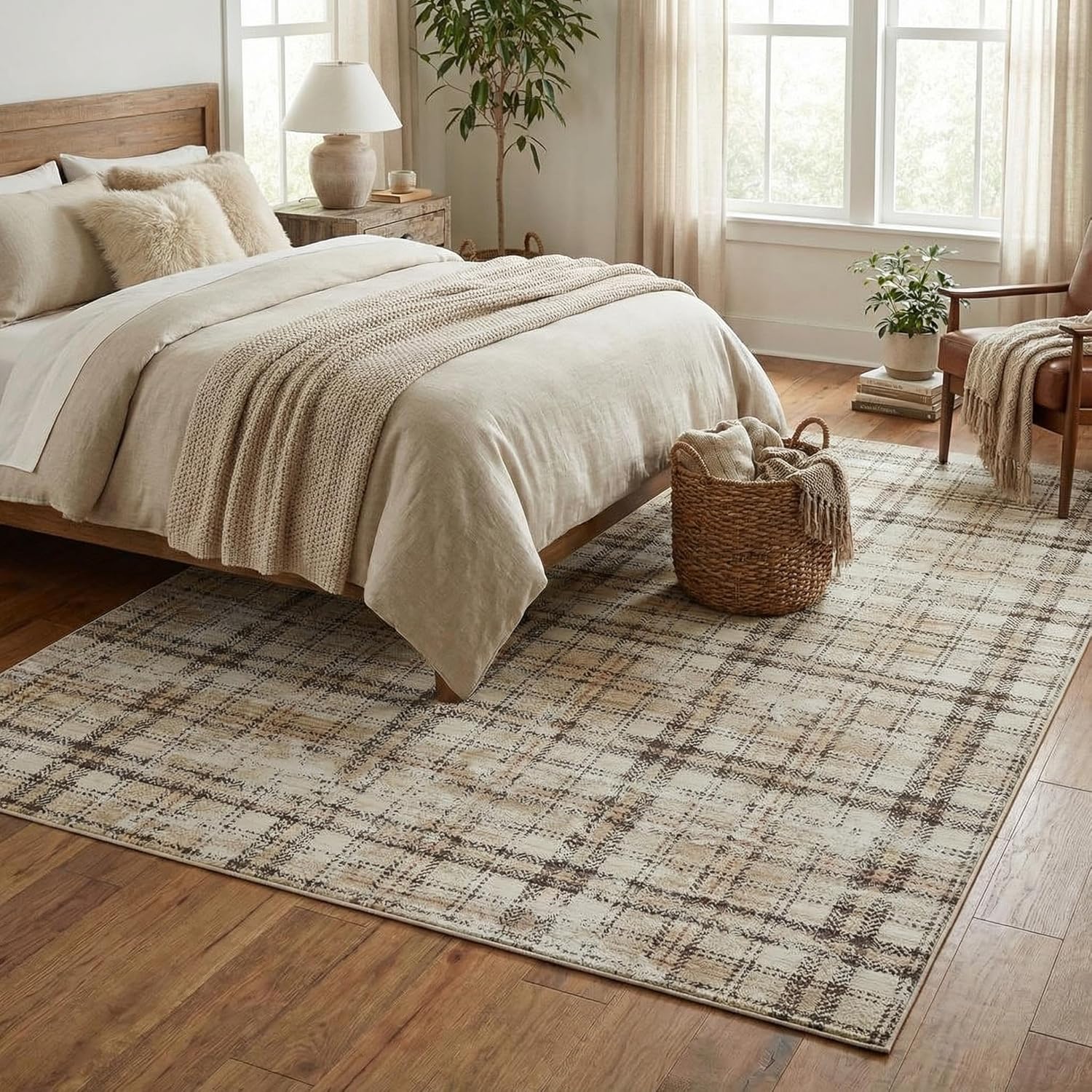 Modern Plaid Area Rug 5x7 Washable Rugs for Living Room Non Slip Low Pile Non-Shedding Carpet Soft Thin Neutral Indoor Foldable Checkered Rugs for Bedroom Nursery Office Dorm Beige