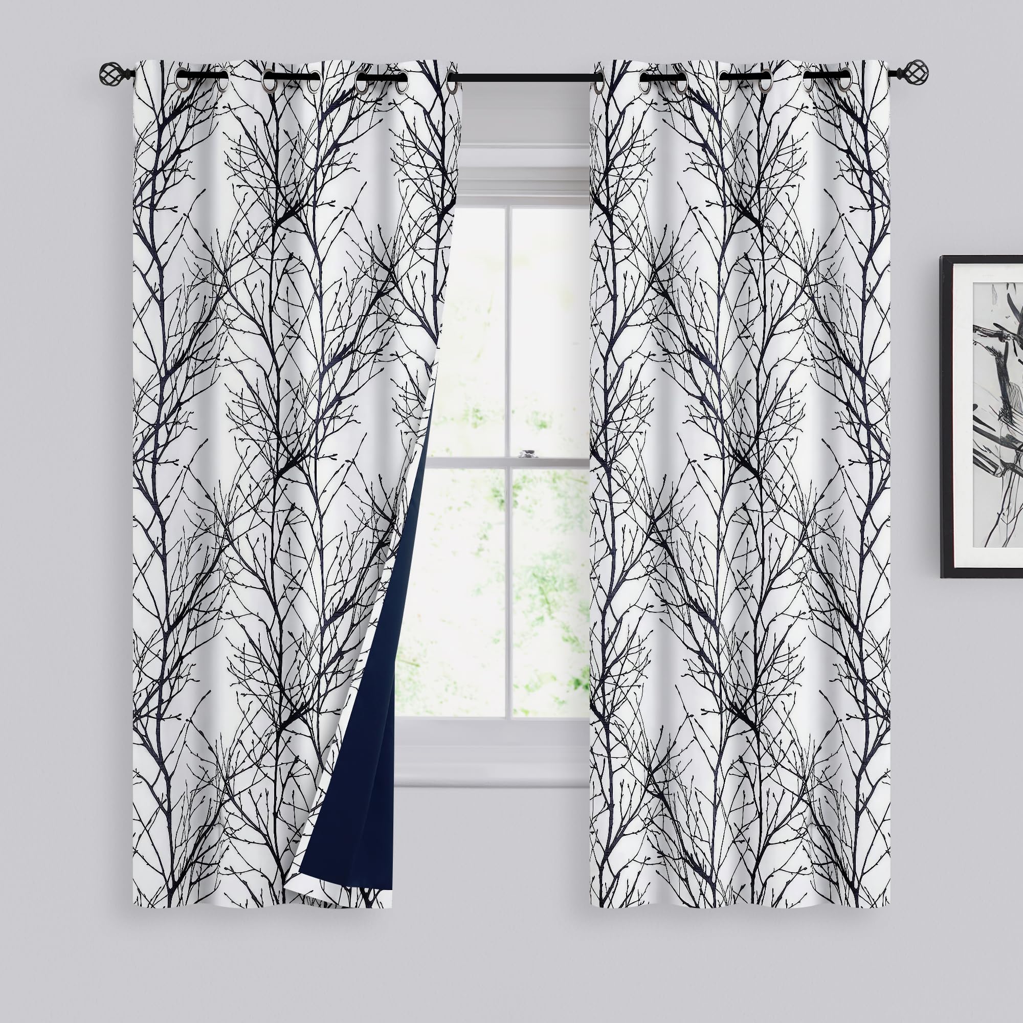FMFUNCTEX 100% Blackout Curtains 63 Inch Length for Bedroom Living Room, Modern Black Tree Branch Printed Curtains, Thermal Insulated Grommet Room Darkening Curtains & Drapes, 2 Panels