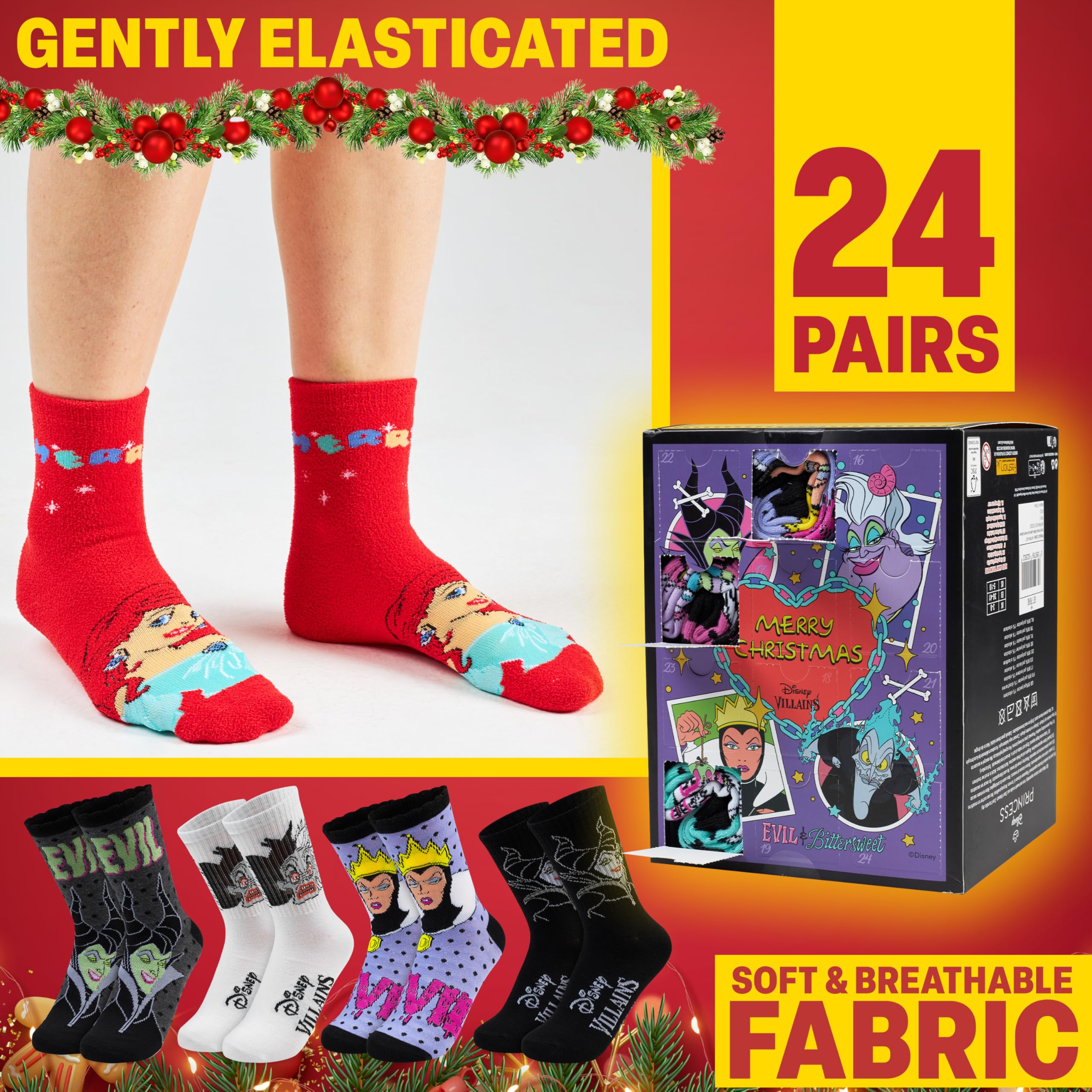 Get Trend Disney Princess & Villains Socks Advent Calendar 2025 Teens Girls Women Size 3-8, 24 works of Breathable Socks - Image 4