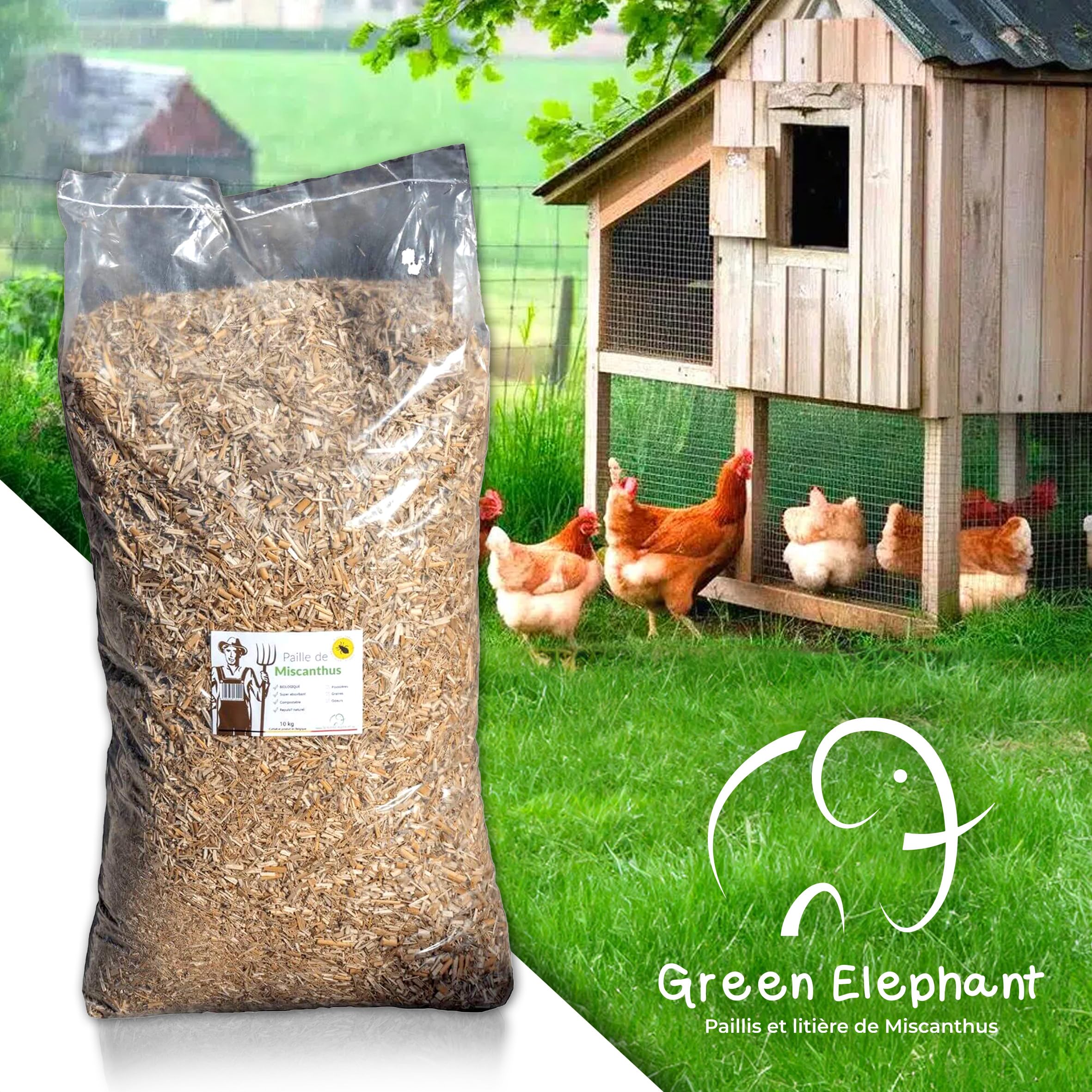 Green Elephant Litière de Miscanthus pour animaux de basse-cour, poule et volailles, lapin, avec tabac comme répuslif naturel contre les poux rouges. Sac de 10Kg