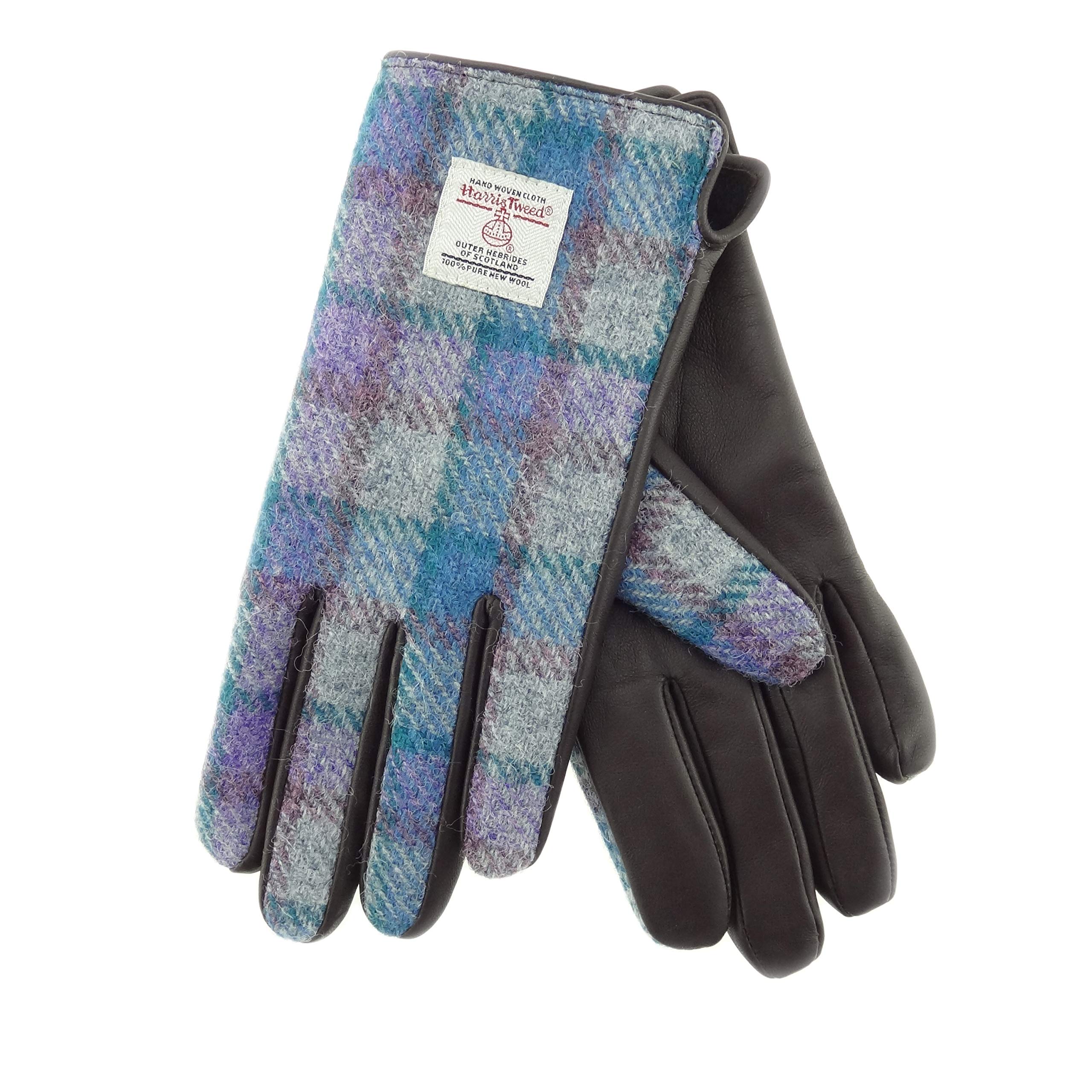 Highland Tweed Women's Multicolore Brown Leather & Authentic Harris Tweed Purple Check On Grey Gloves - Comes In Gift Box (Large)
